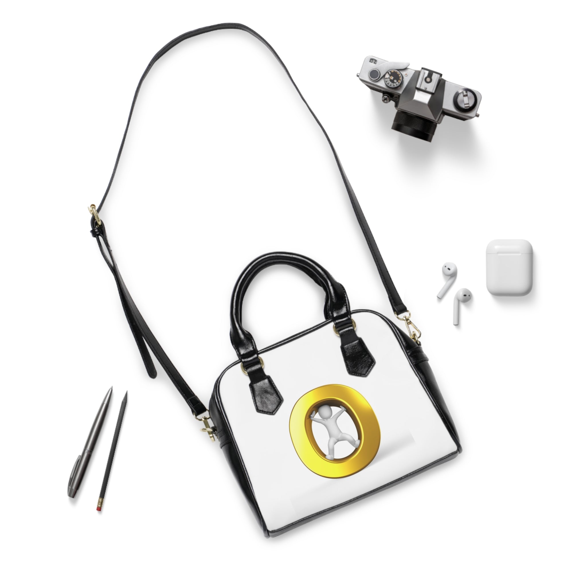 Gold Ring O with Abstract Figure Shoulder Handbag | Minimal Logo Purse