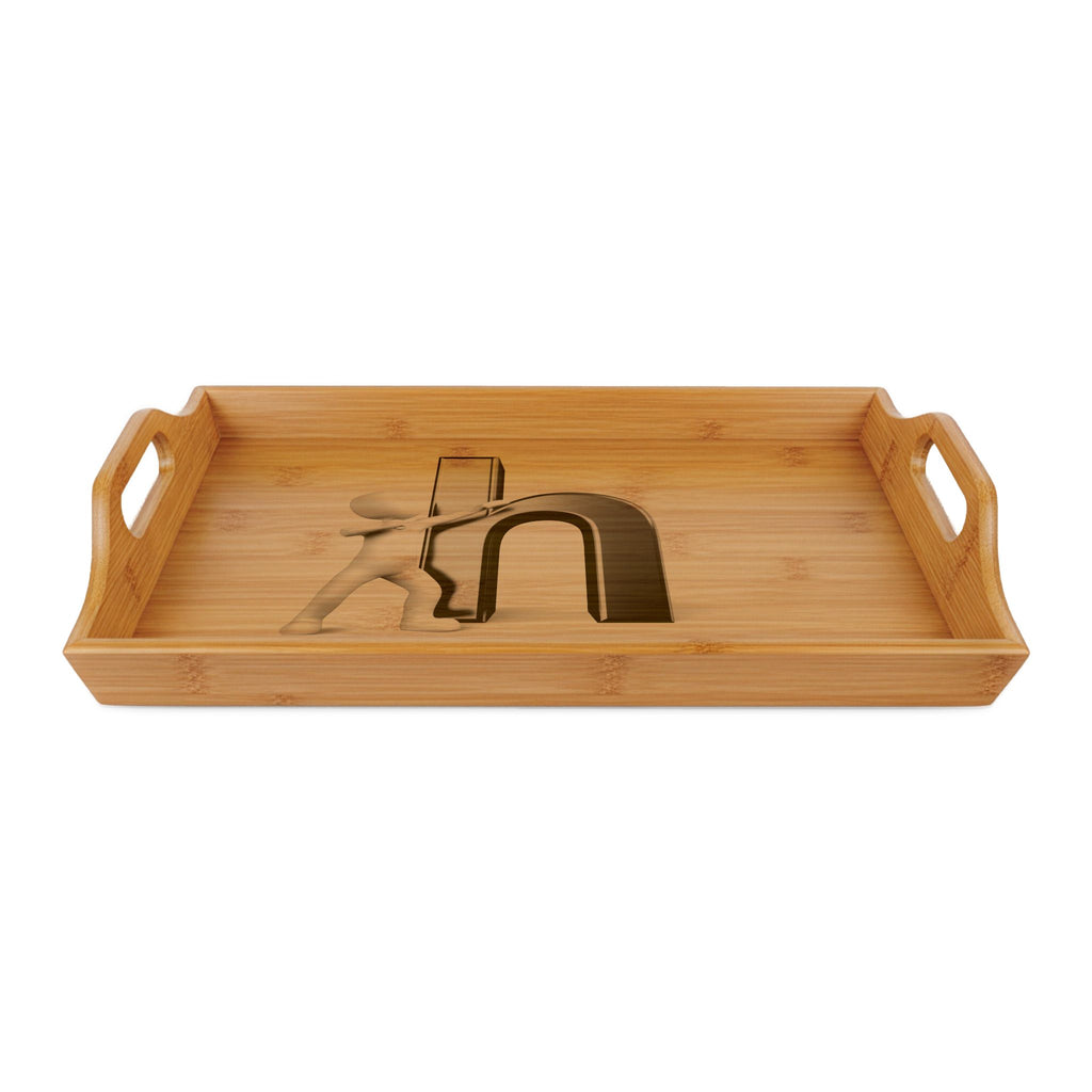 Person Pushing Letter N wood engraving Tray | Bamboo Serving Tray