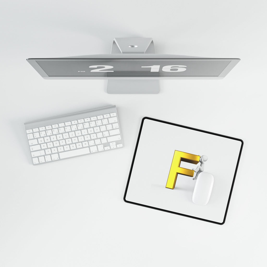 Climbing Stick Figure on Gold Letter F Desk Mat | Large Mousepad