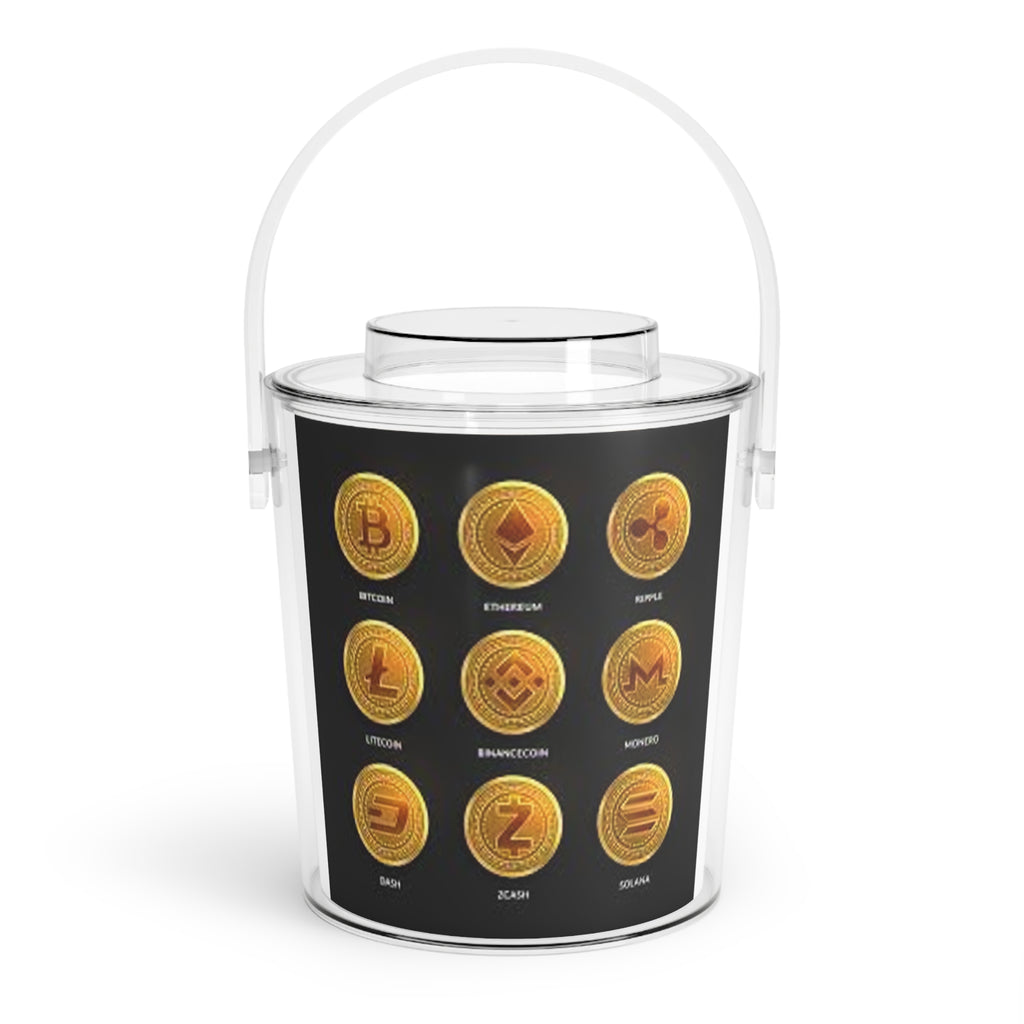 Cryptocurrency Coin Icons Ice Bucket with Tongs | Bitcoin Ethereum Litecoin