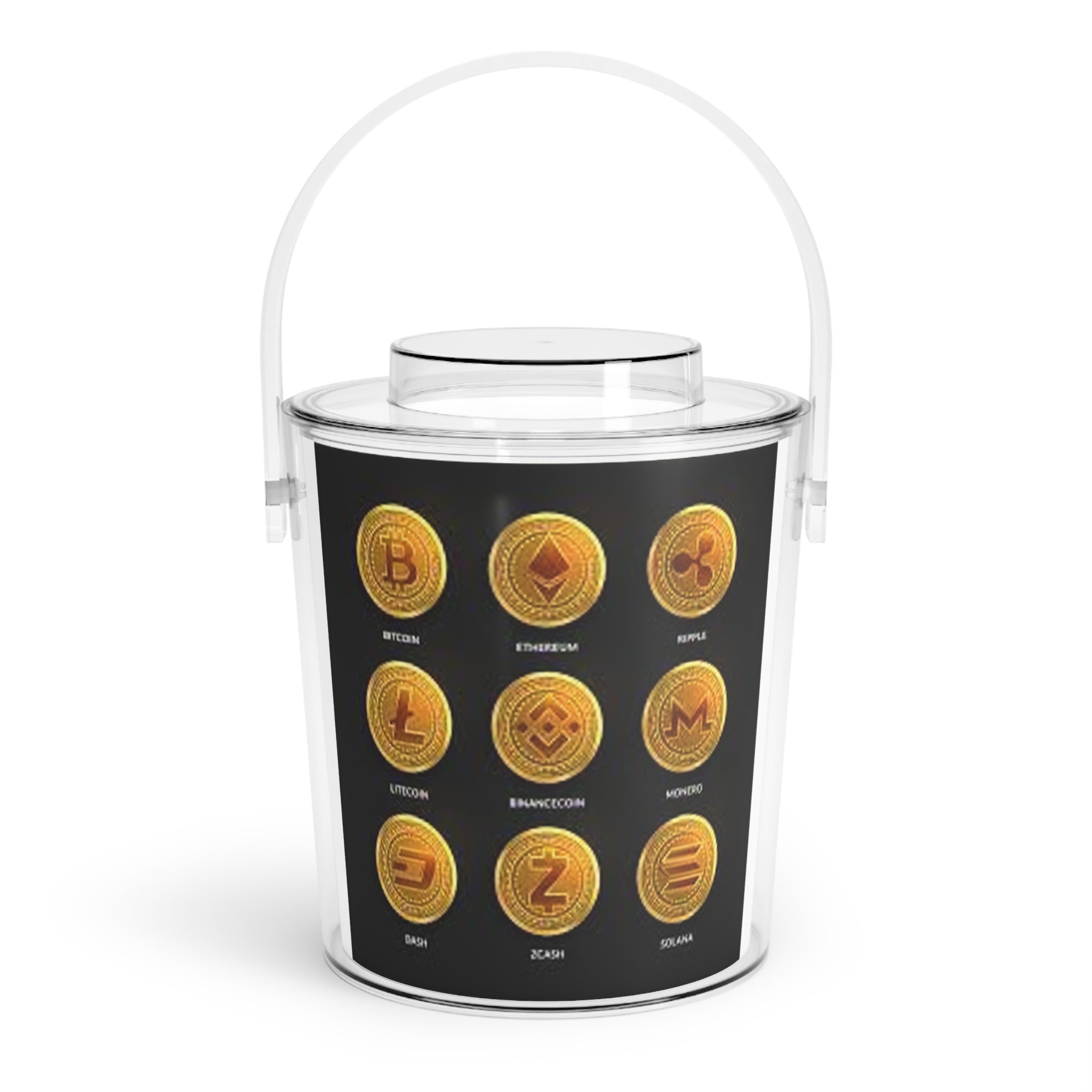 Cryptocurrency Coin Icons Ice Bucket with Tongs | Bitcoin Ethereum Litecoin