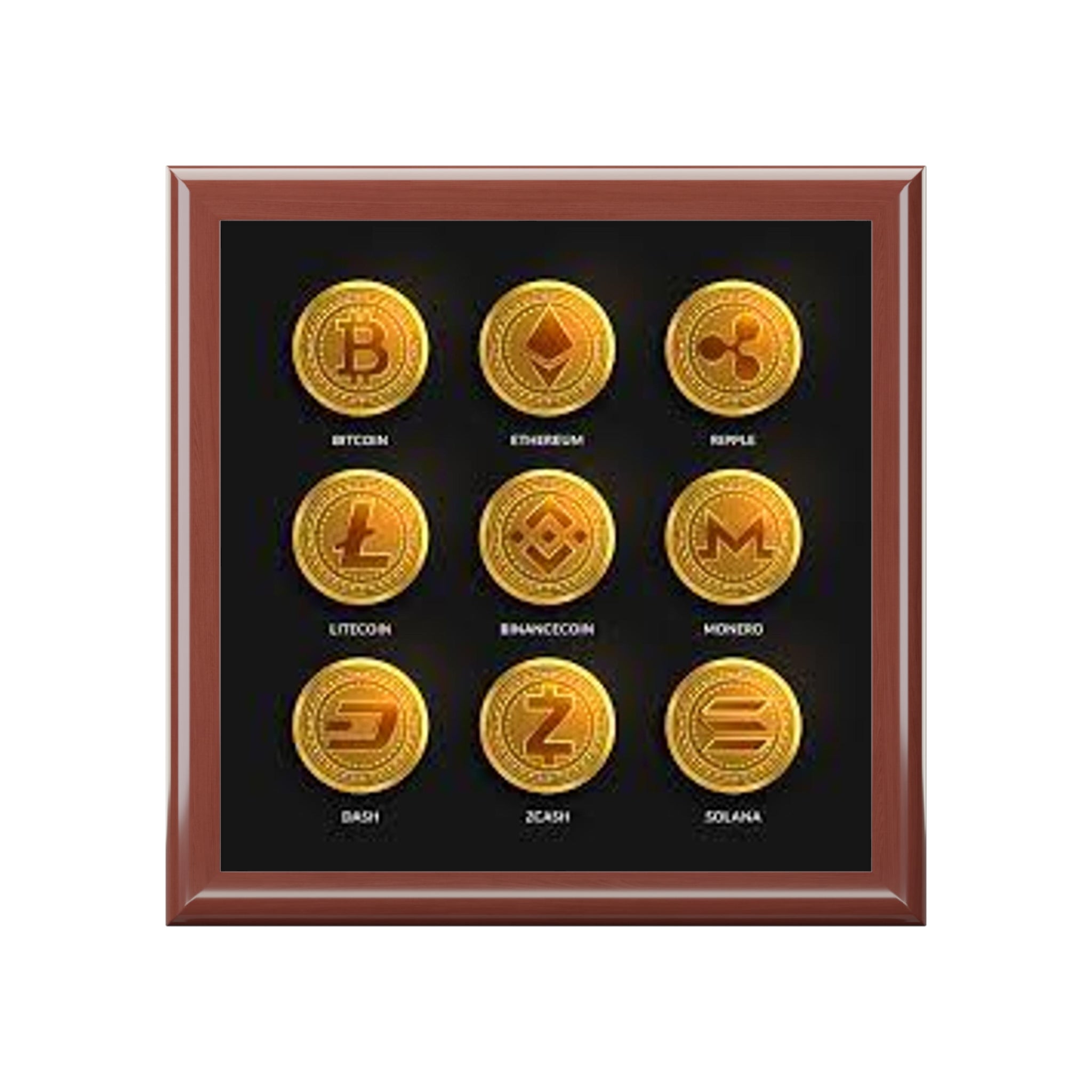 Cryptocurrency Coin Icons Jewelry Box | Bitcoin Ethereum Ripple Litecoin Display
