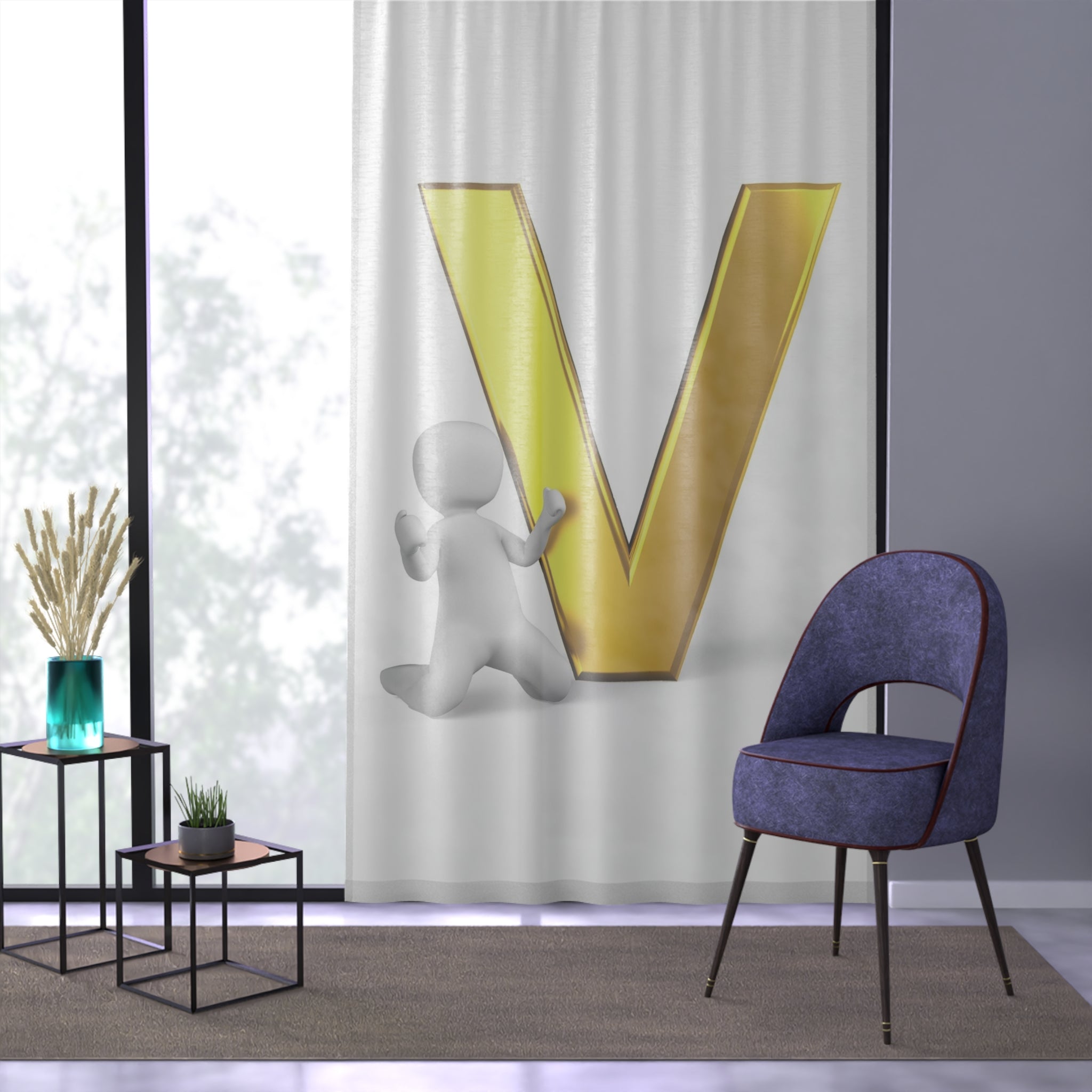 Gold Letter V with Kneeling Figure Window Curtain | Initial V Sheer Panel