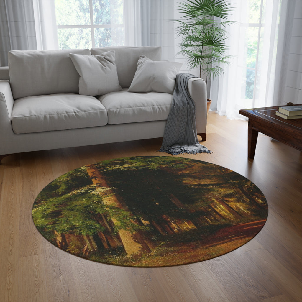 Forest Path Round Rug | Woodland Trees Landscape Circle Rug