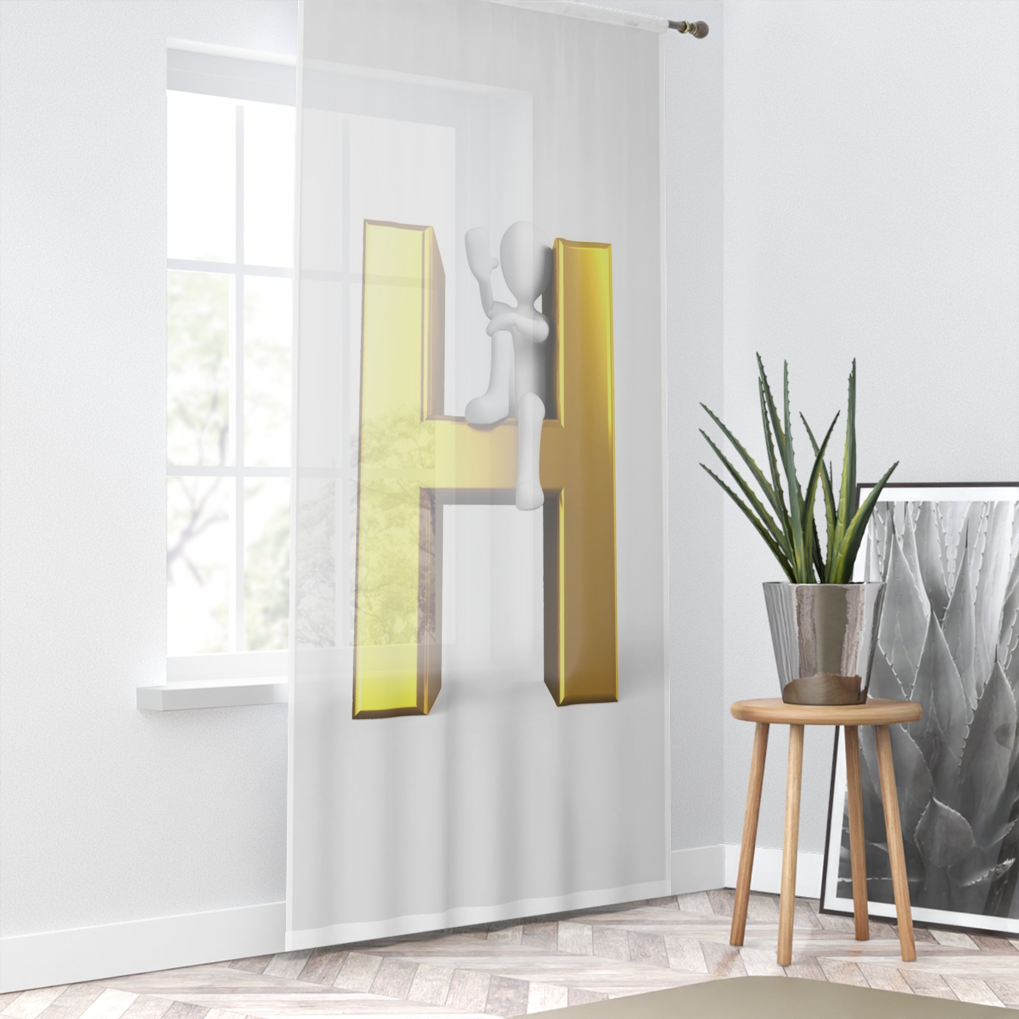 3D Gold Letter H with Climbing Figure Window Curtain | Monogram Initial Decor