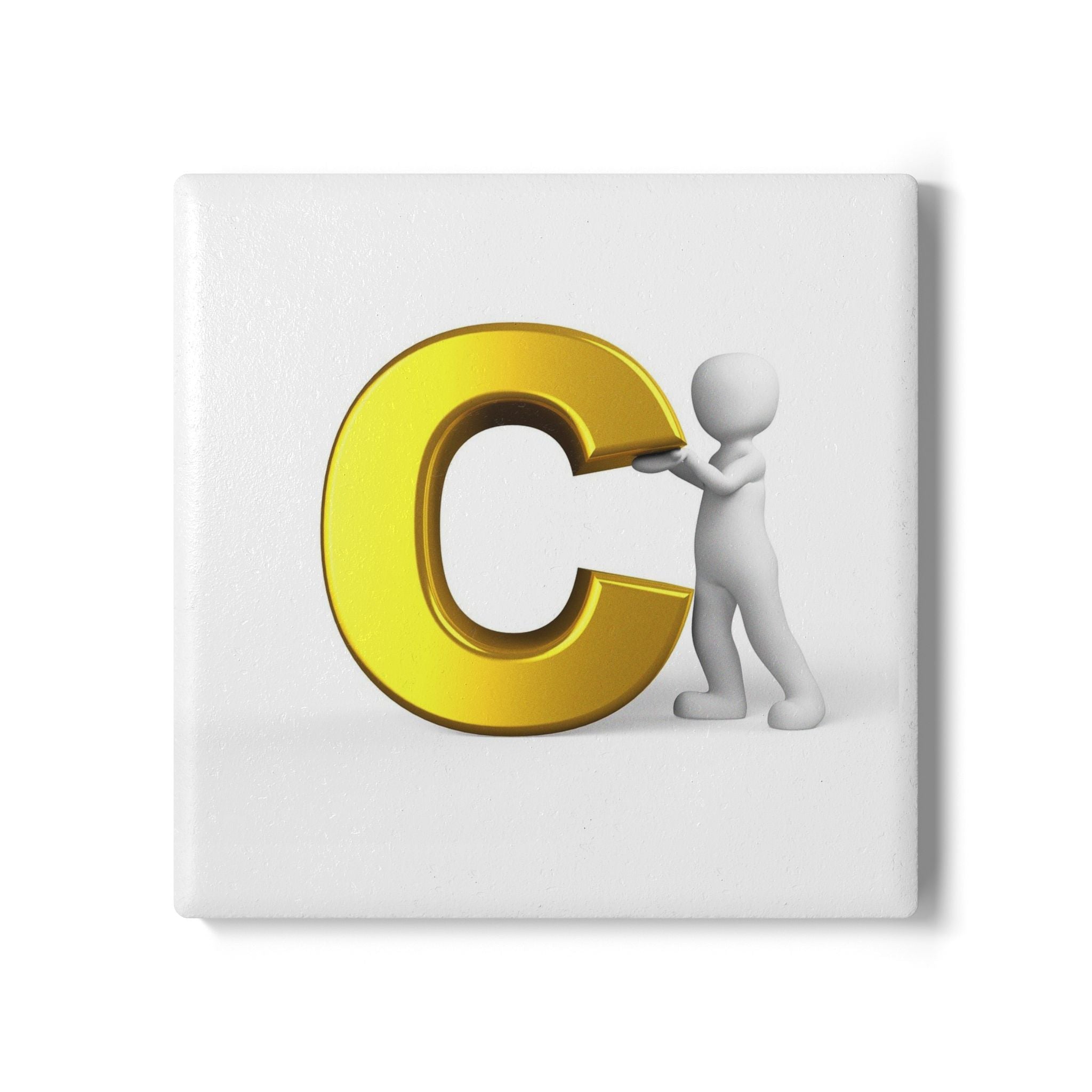 Gold Letter C with 3D Figure Ceramic Coaster | Monogram Initial C