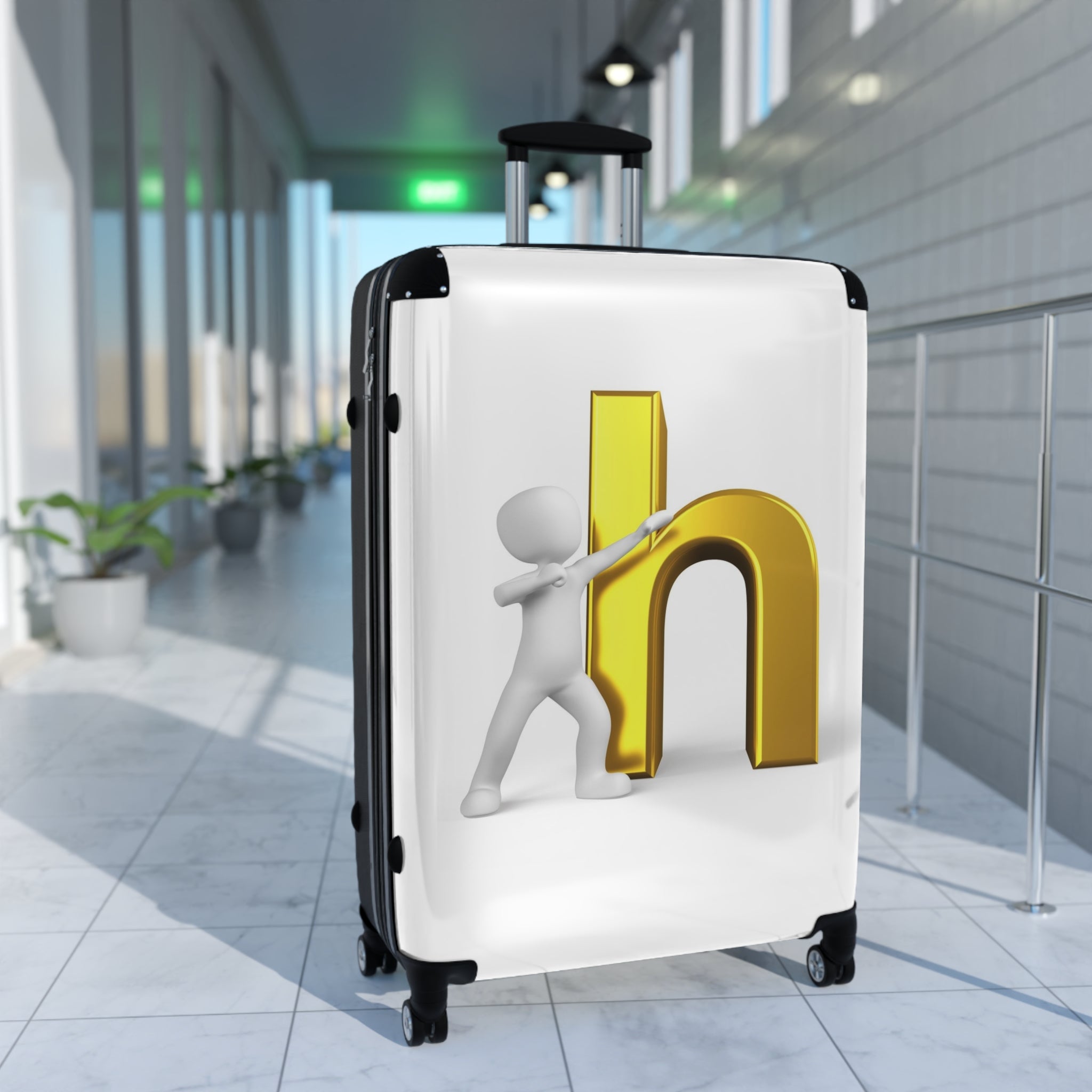 3D Person Standing Beside Gold Letter h Suitcase | Personalized Luggage Case