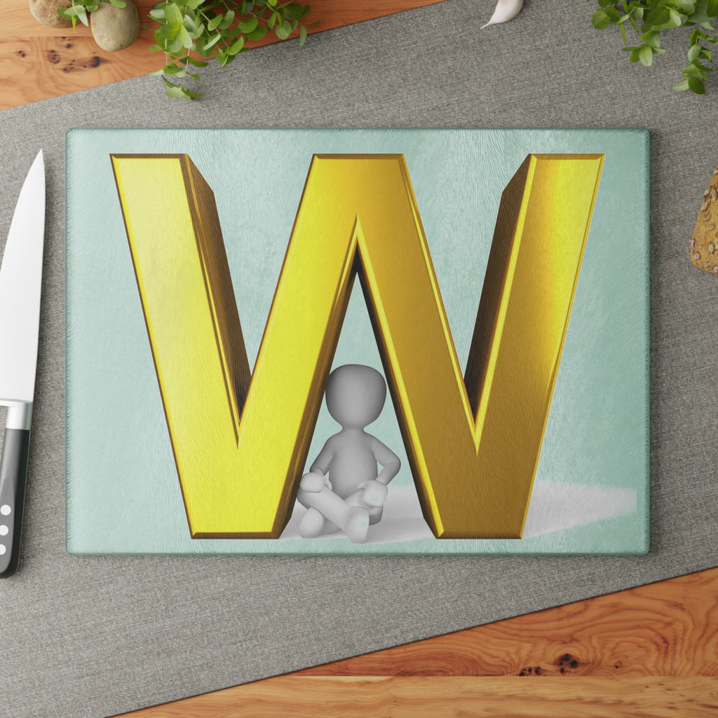 Gold Letter W with Sitting Figure Glass Cutting Board | Monogram Kitchen Decor