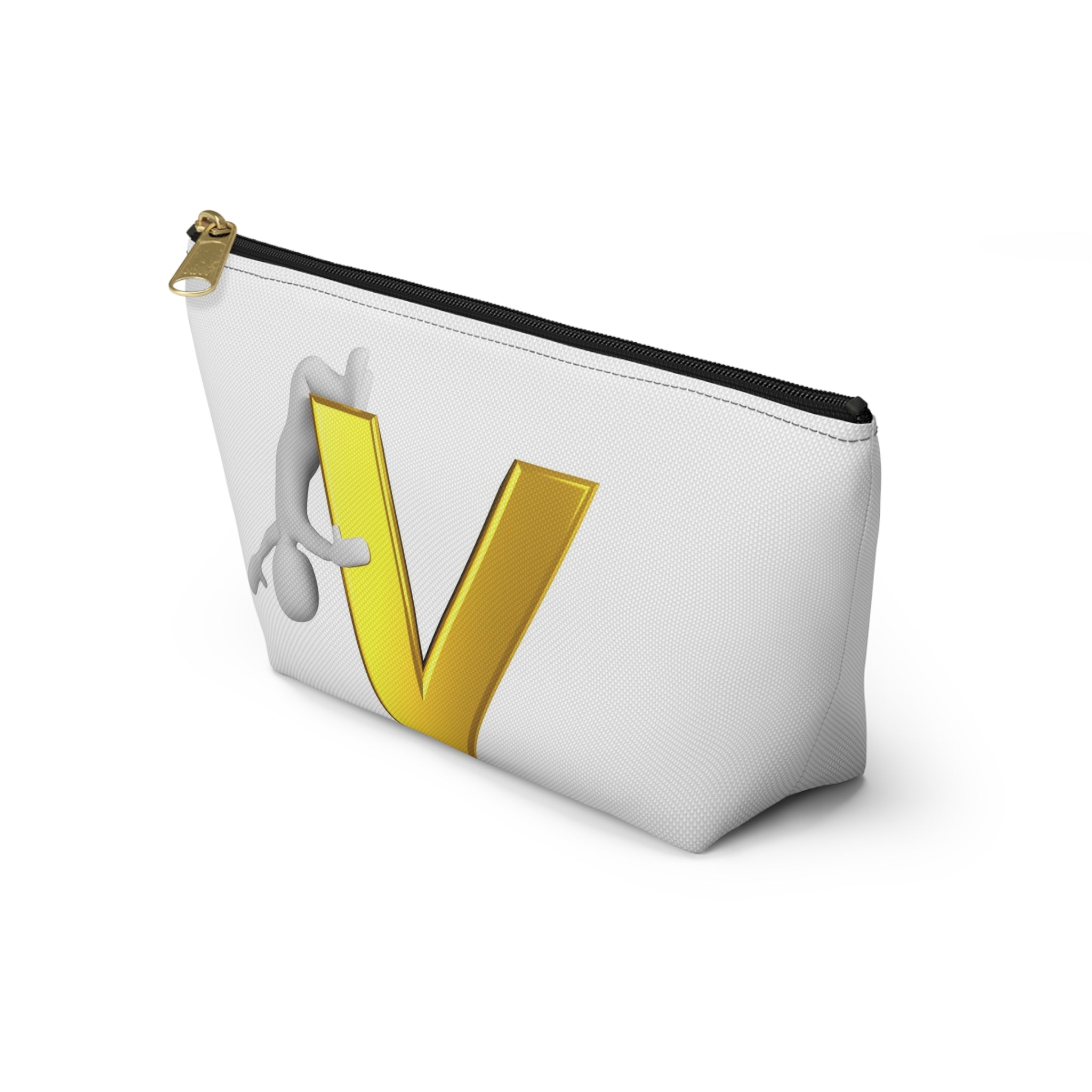 Gold Letter V with Hanging Stick Figure Accessory Pouch