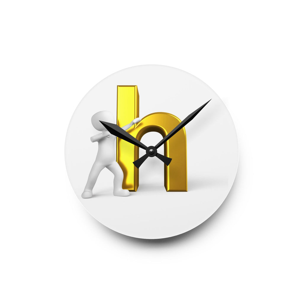 3D Person Pushing Gold Letter h Acrylic Wall Clock | Modern Lettering Decor