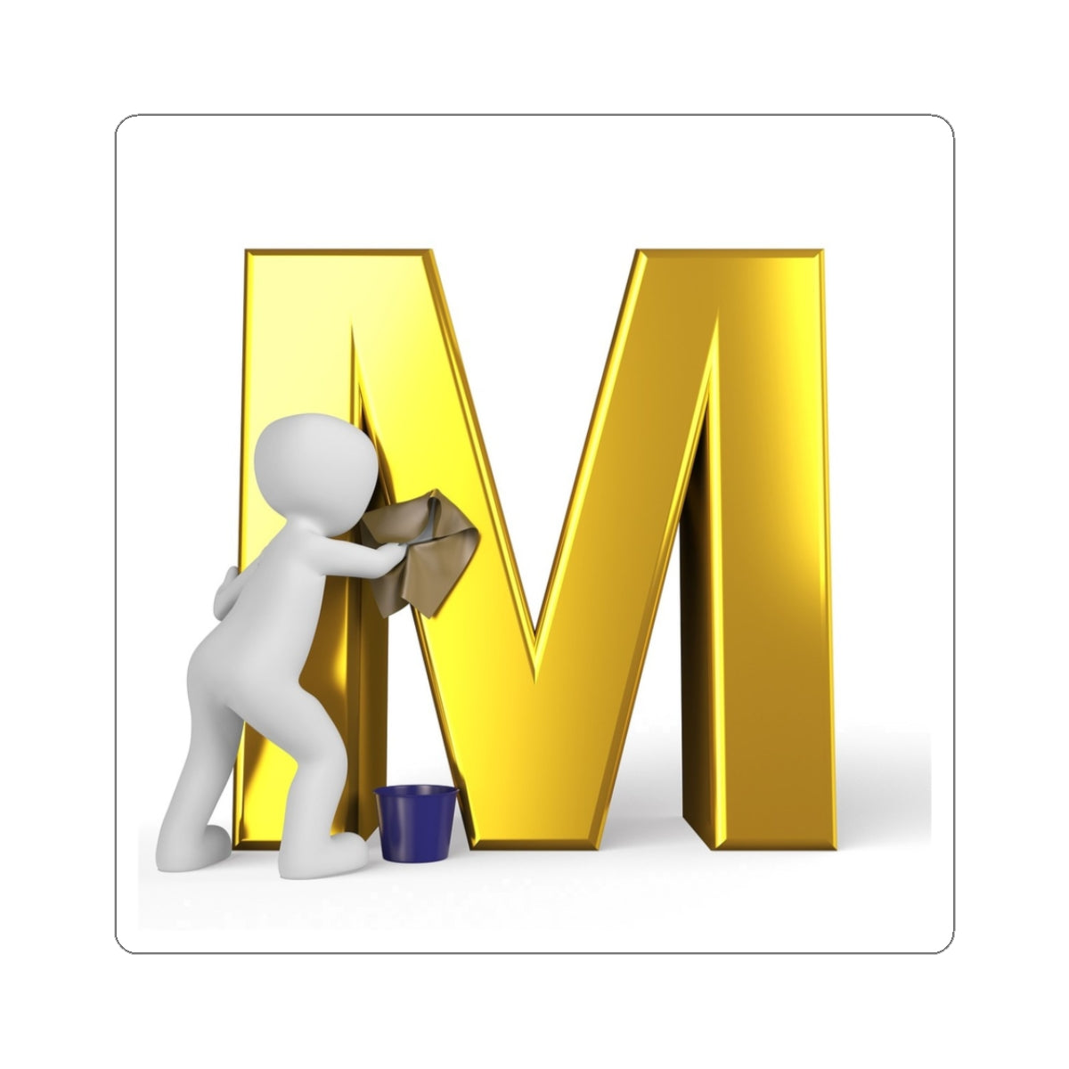 Autocollant Lettre M dorée avec personnage de peintre | Décalcomanie alphabet découpée au baiser