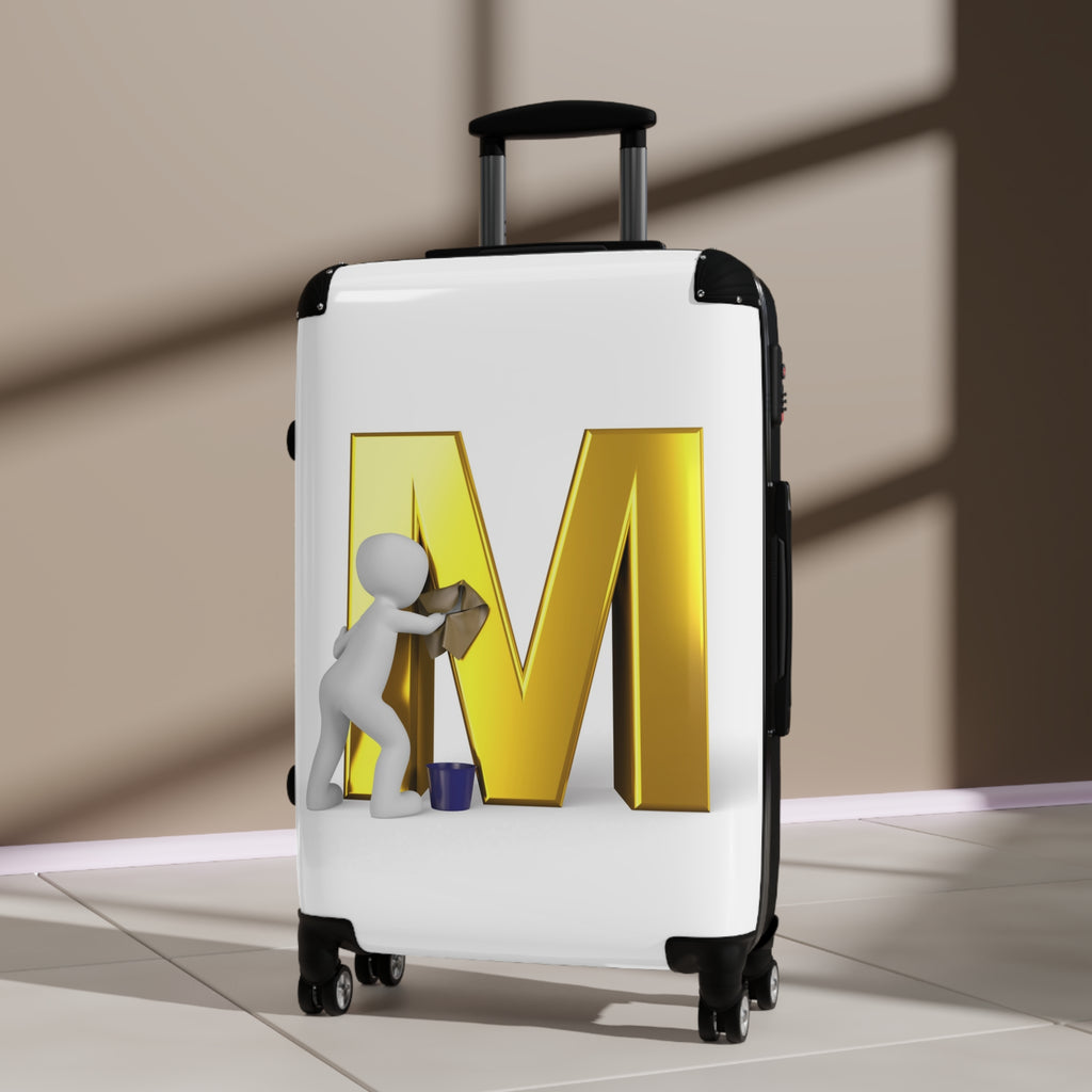 3D Person Cleaning Gold Letter M Suitcase | Luggage