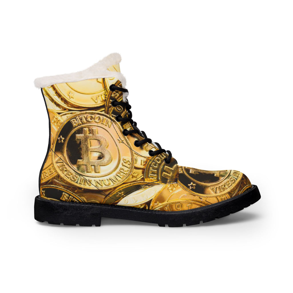 Bitcoin Coin Print Boots | Fur Lined Leather Boots