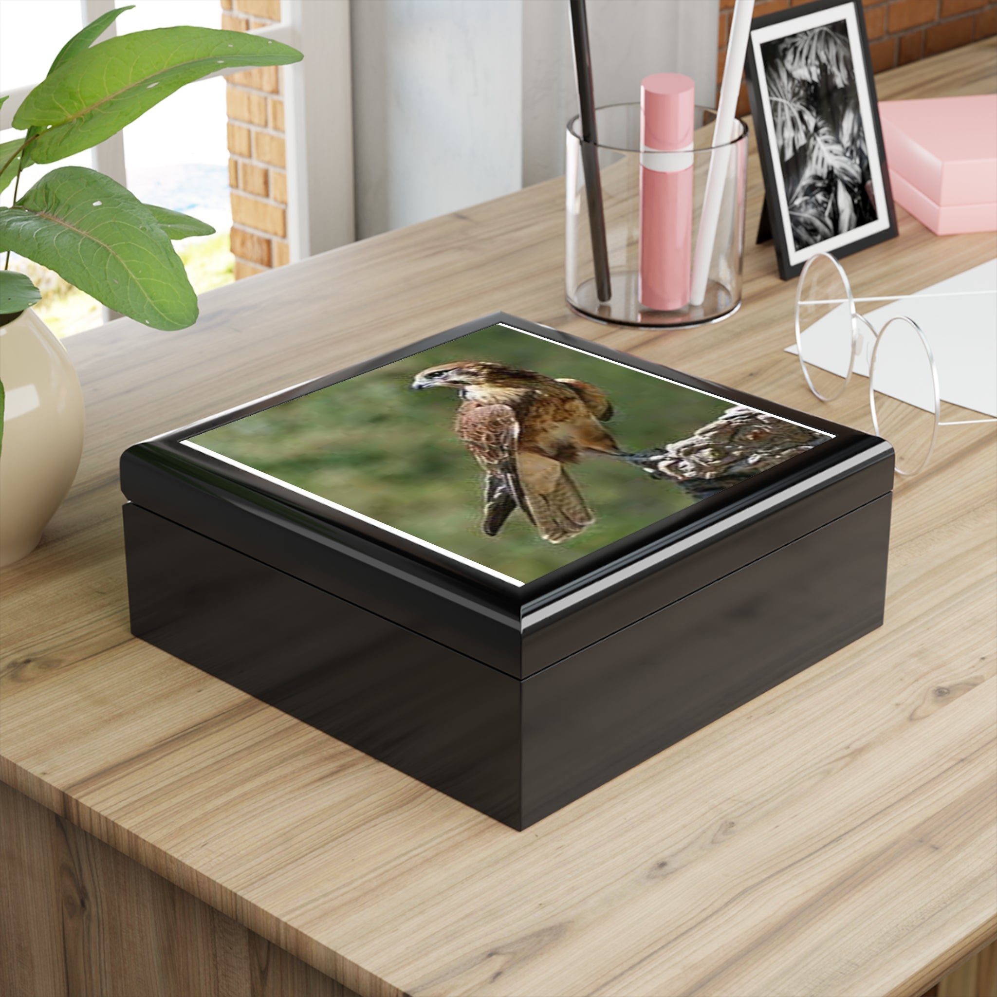 Brown Hawk Illustration Jewelry Box | Bird Photo Trinket Case