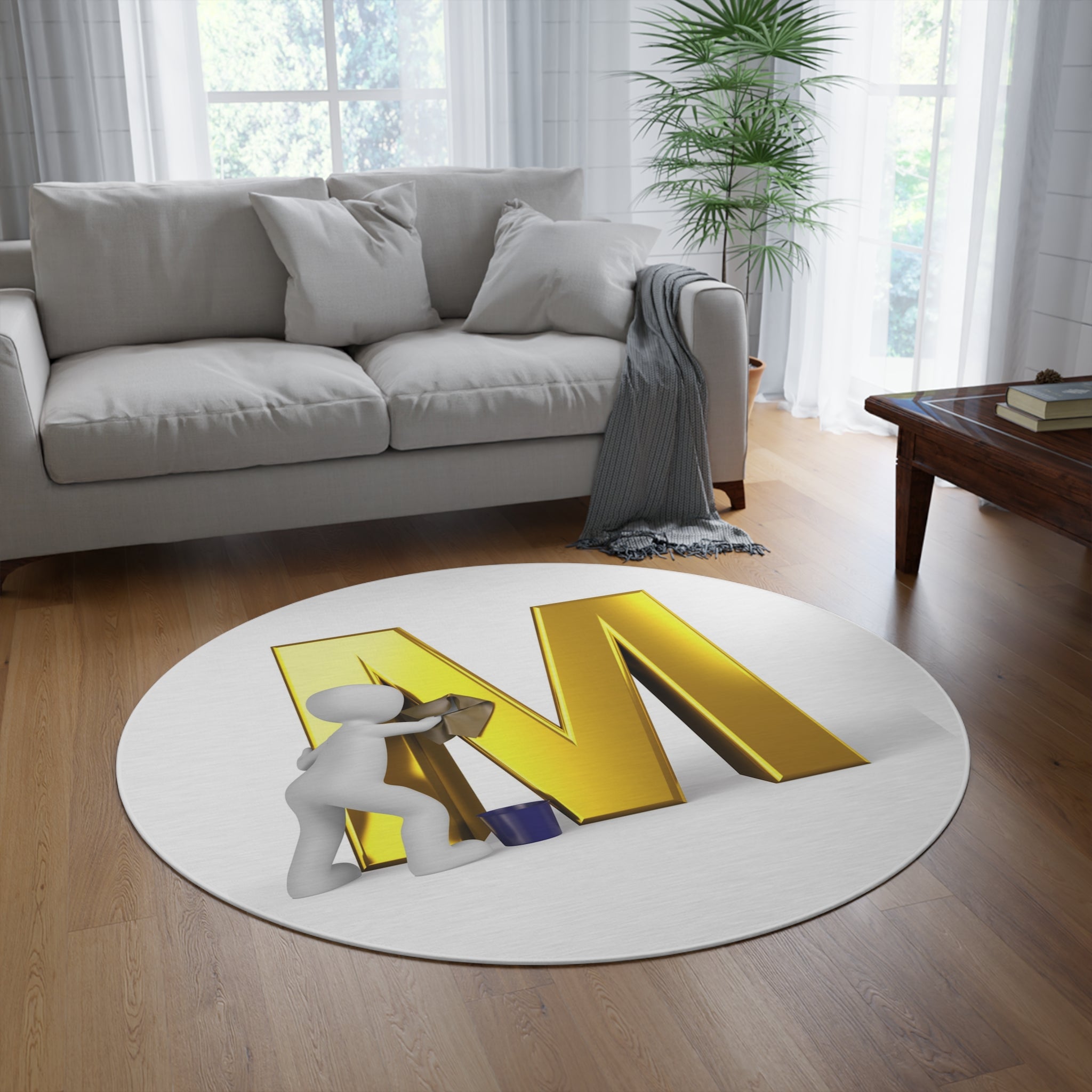Gold Letter M Monogram Rug | Round Initial Rug | Personalized Letter M Decor