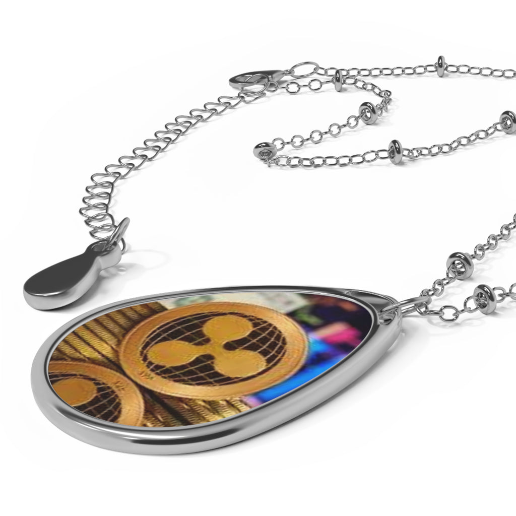 Ripple Crypto Oval Necklace — Silver Teardrop Pendant with XRP Coin Design