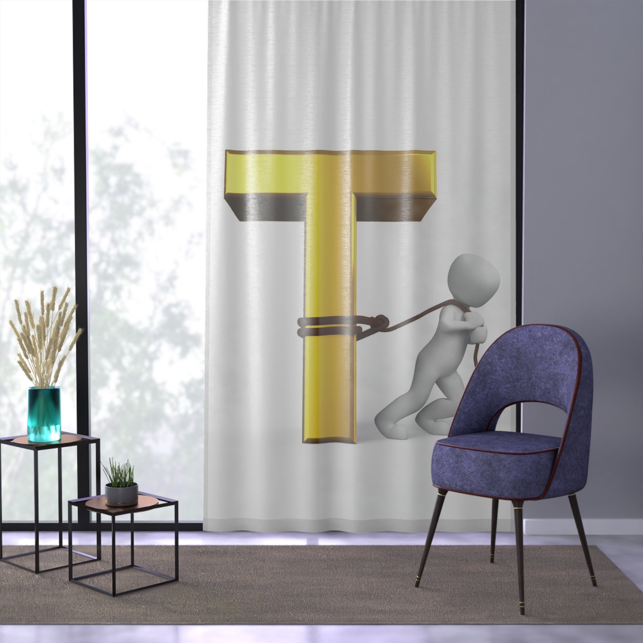 3D Gold Letter T with Figure Window Curtain | Letter T Drapery
