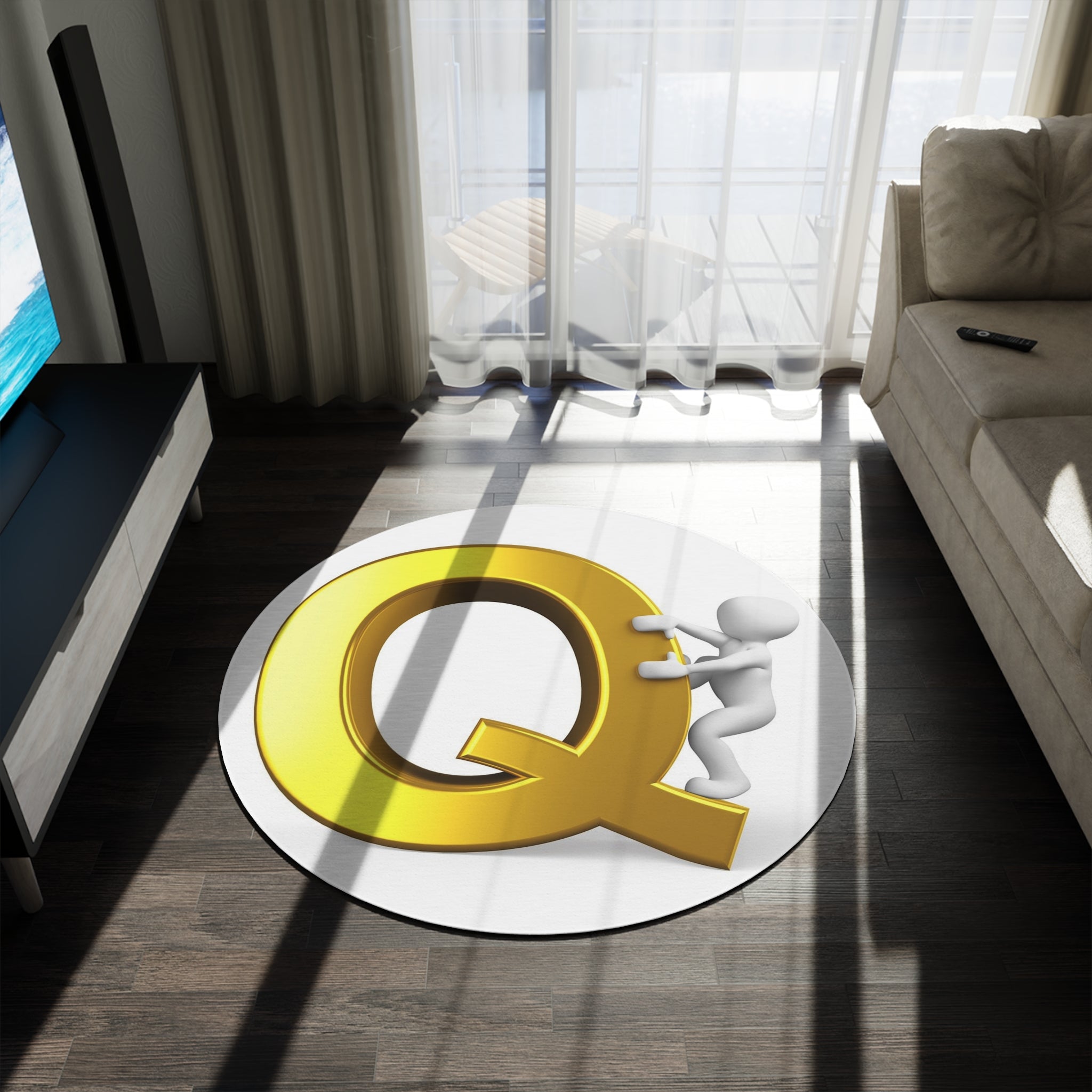 Gold Letter Q with Climbing Figure Round Rug | Monogram Initial Area Rug
