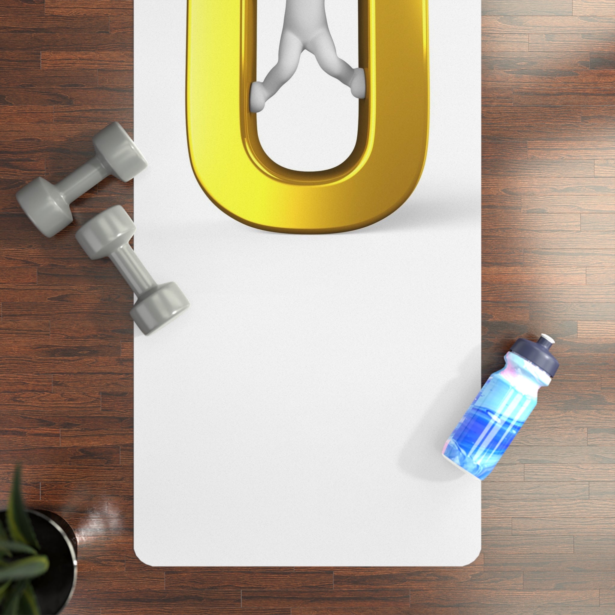 3D Stick Figure Climbing Gold U Rubber Yoga Mat | Minimalist Letter U Design