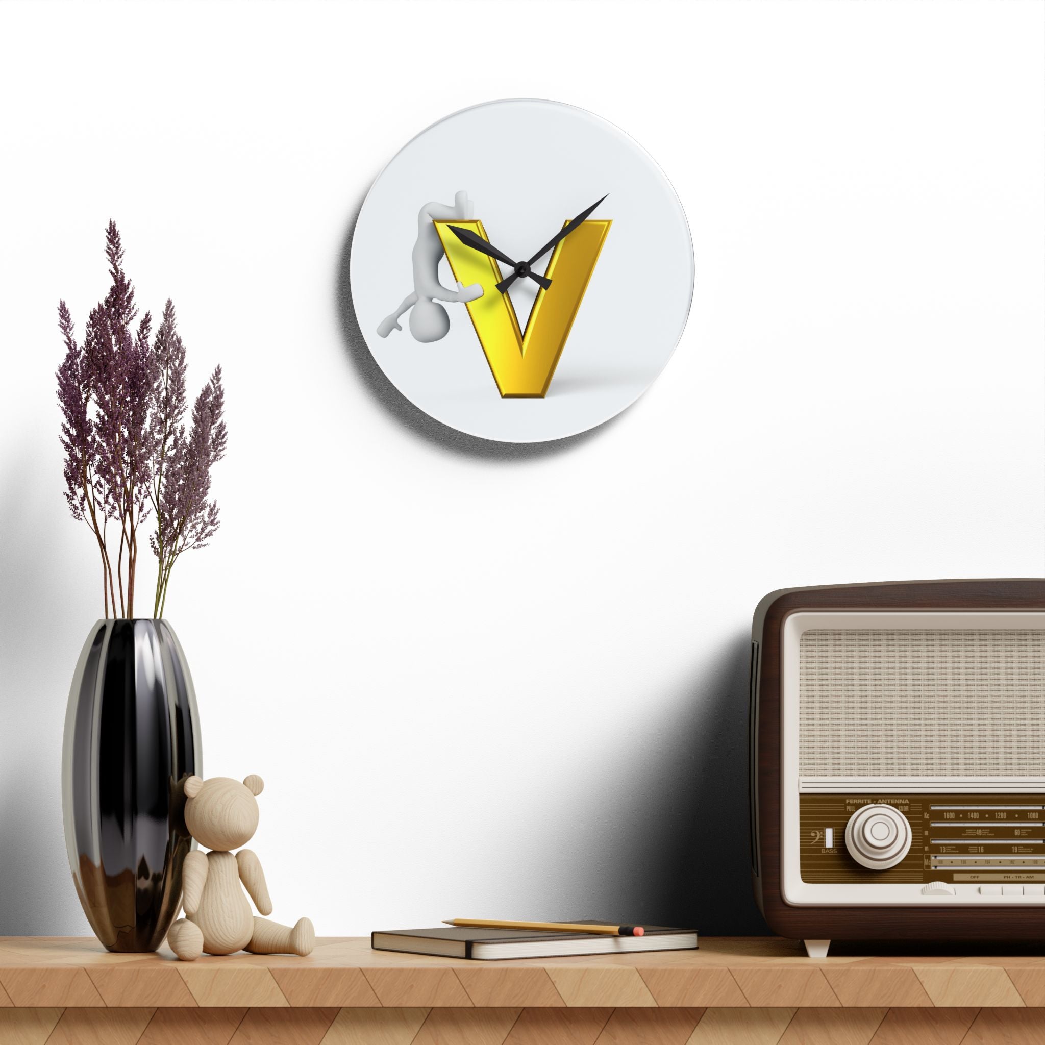 3D Gold Letter V with Figure acrylic wall clock | modern initial decor