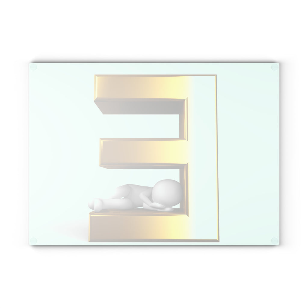 Gold 3D Letter E with Sleeping Figure Glass Cutting Board | Monogram Initial