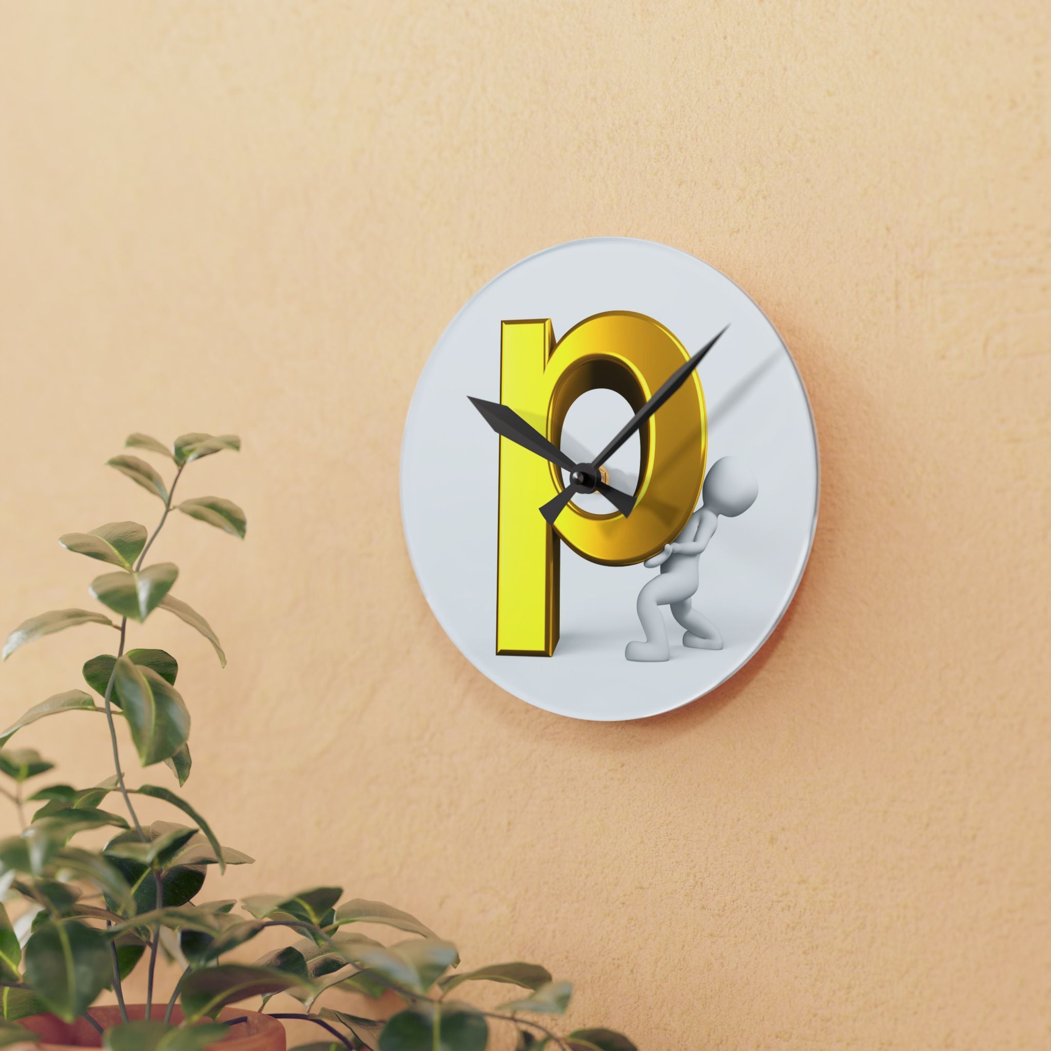 3D Gold Letter P with Figure Acrylic Wall Clock | Modern Alphabet Decor