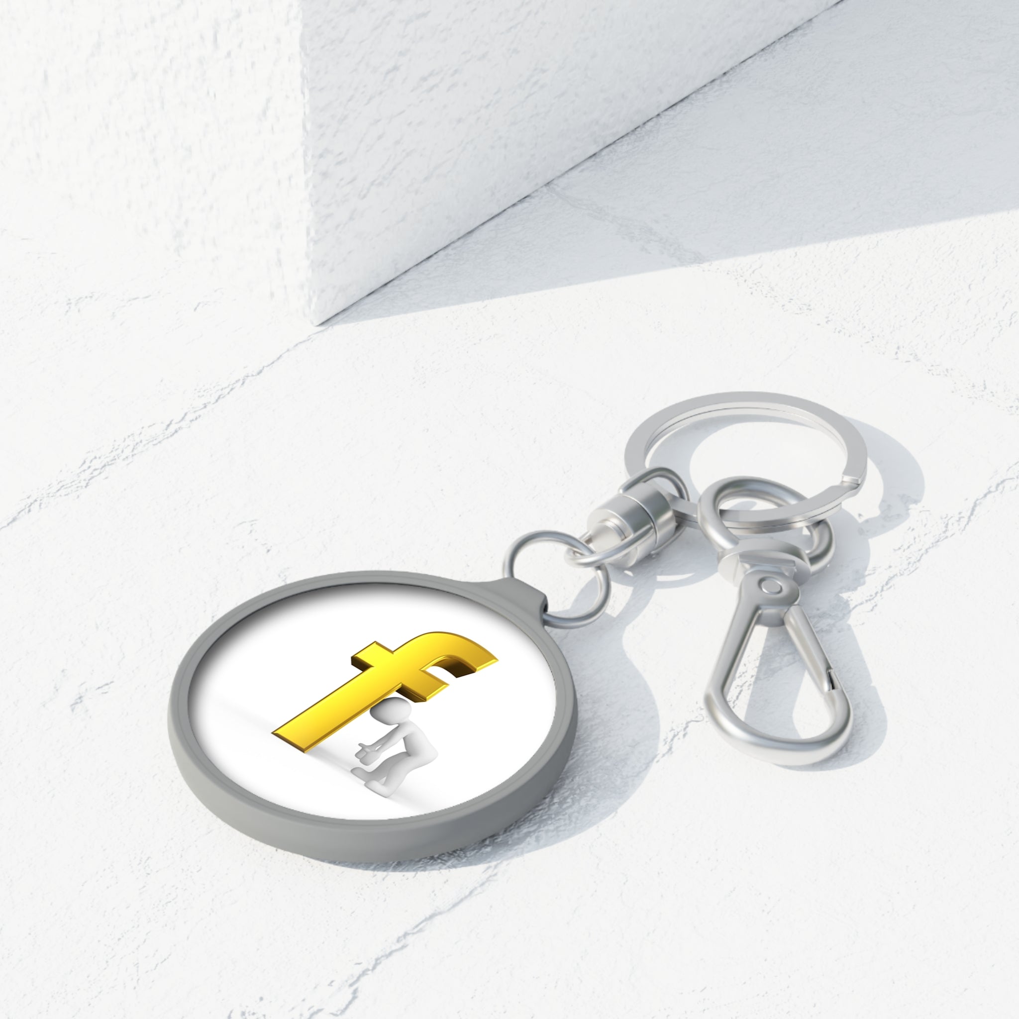 Bending Figure with Gold Letter f Keyring Tag | Round Metal Keychain
