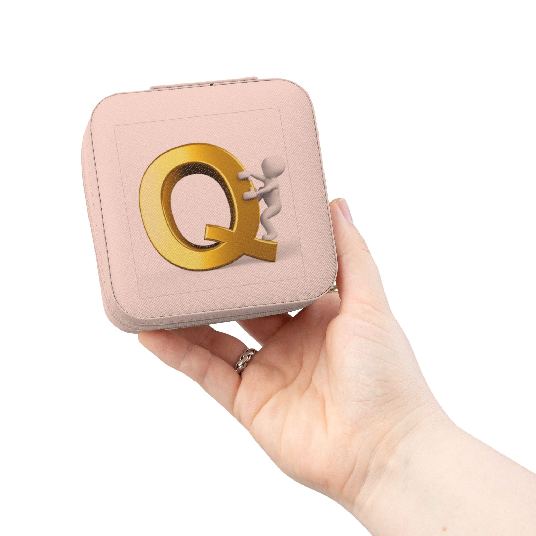 Étui de voyage carré compact pour bijoux avec monogramme Q en or