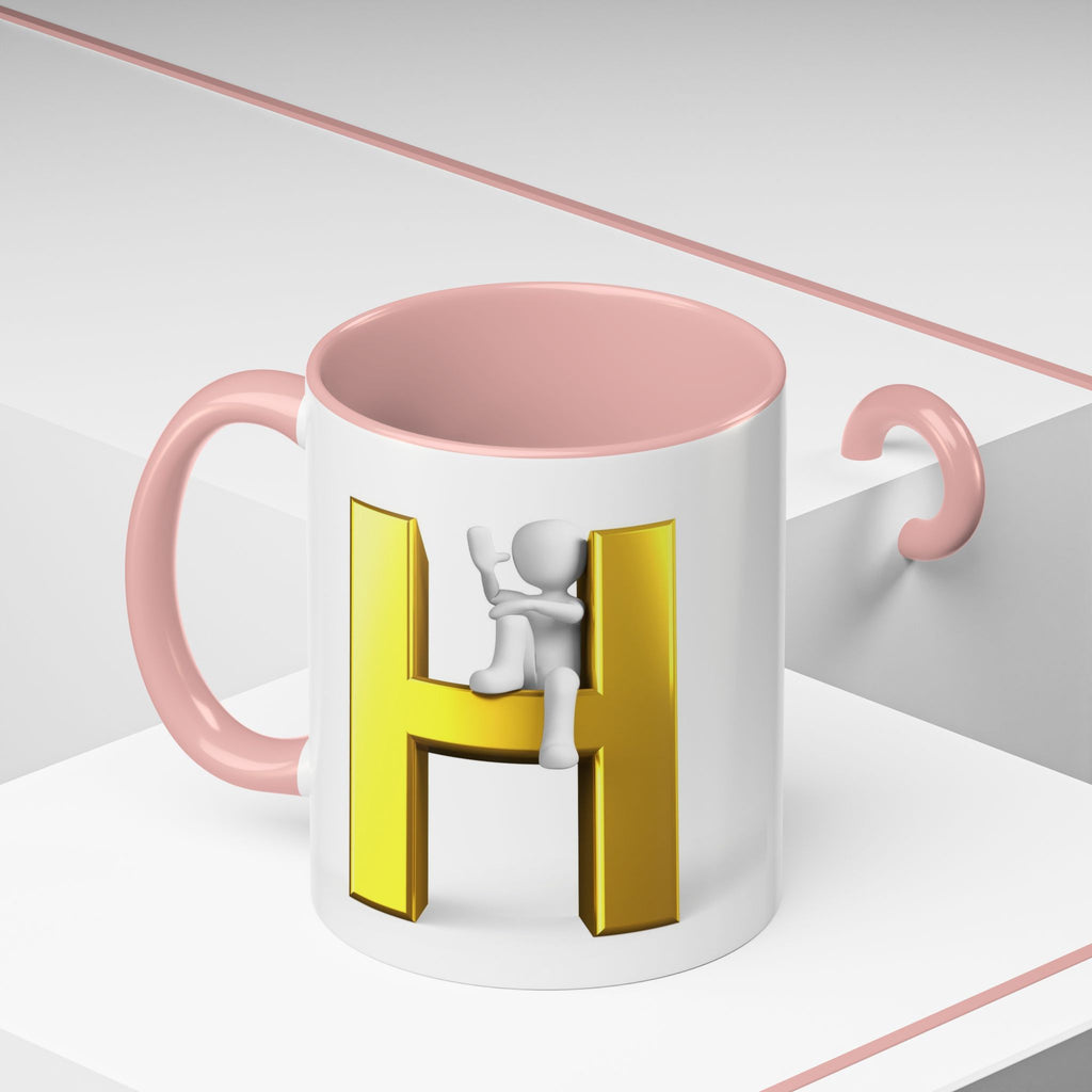 Mug en céramique avec bonhomme allumette 3D accroché à la lettre H dorée | Mug à anse de couleur