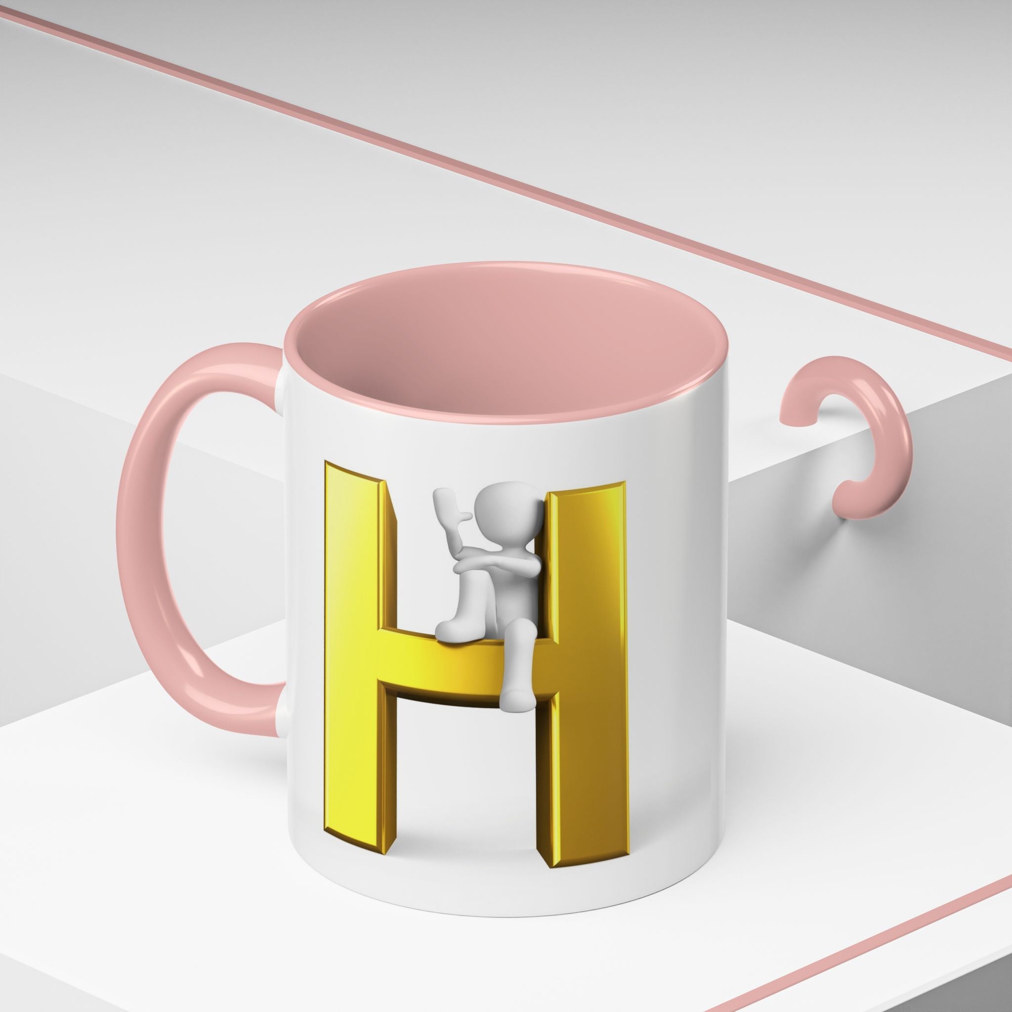 Mug en céramique avec bonhomme allumette 3D accroché à la lettre H dorée | Mug à anse de couleur