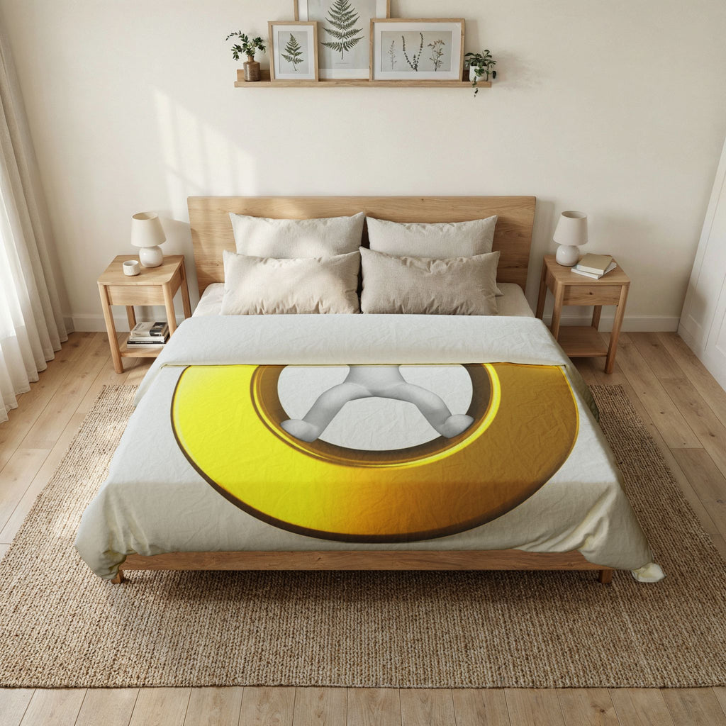 3D Stick Figure Inside Gold Letter O Duvet Cover | Minimal Graphic Bedding