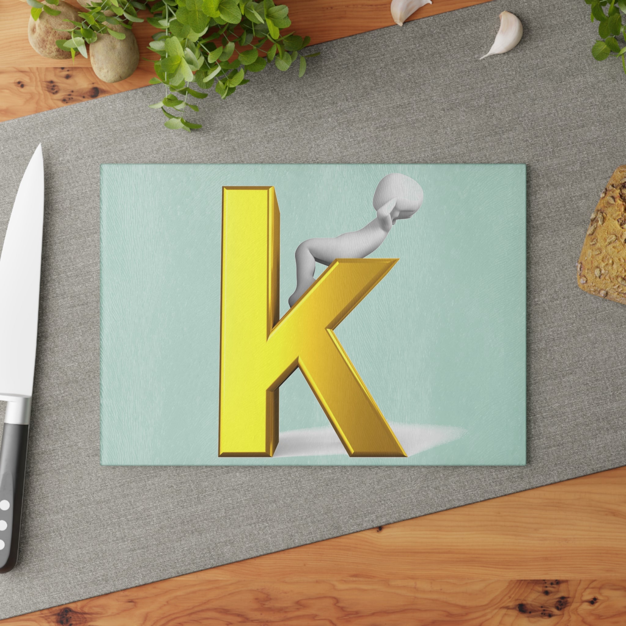 Letter K with Playful Figure Glass Cutting Board | Initial Monogram Kitchen Décor
