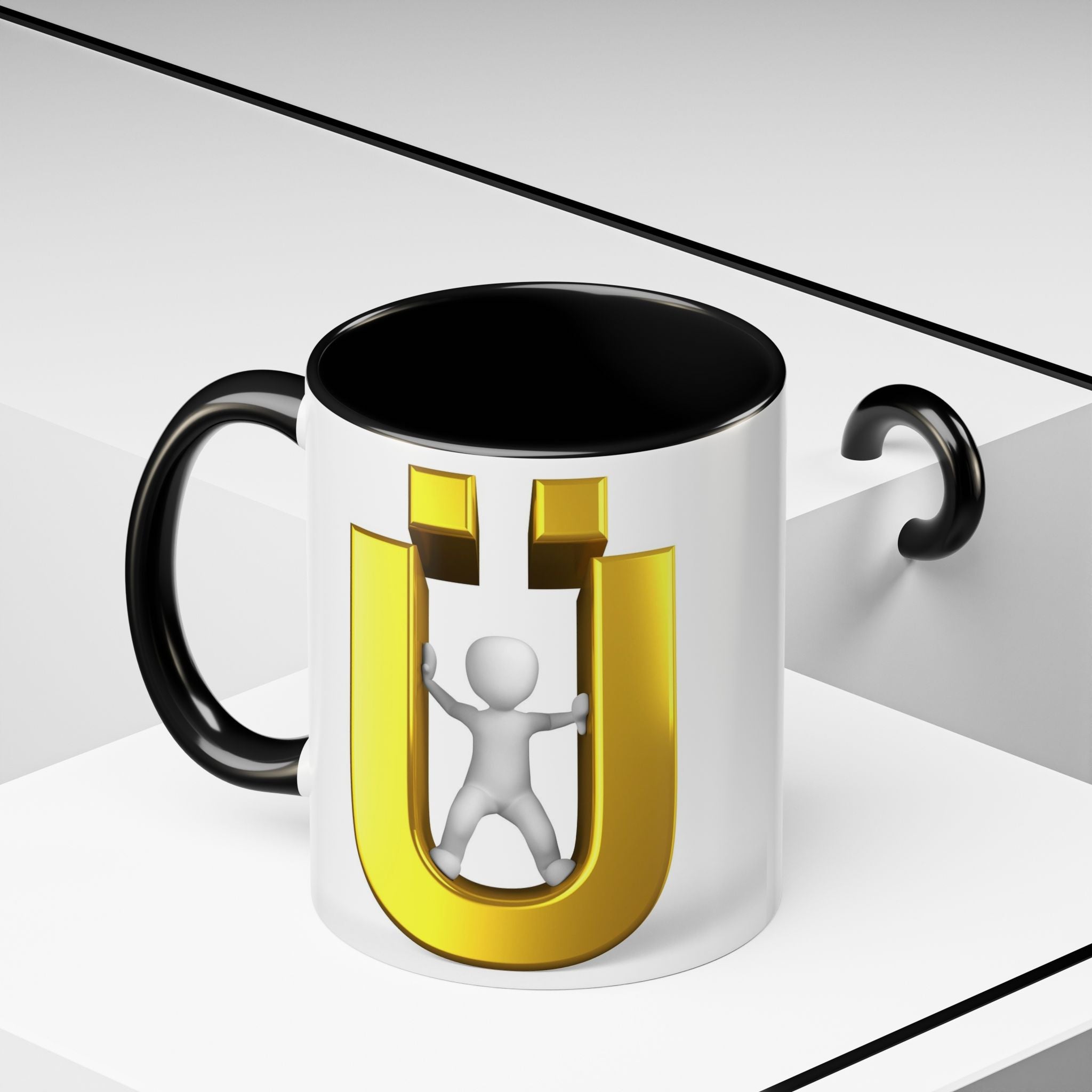 Tasse à café 3D « Lettre Ü dorée avec figurine stylisée » | Mug à anse de couleur