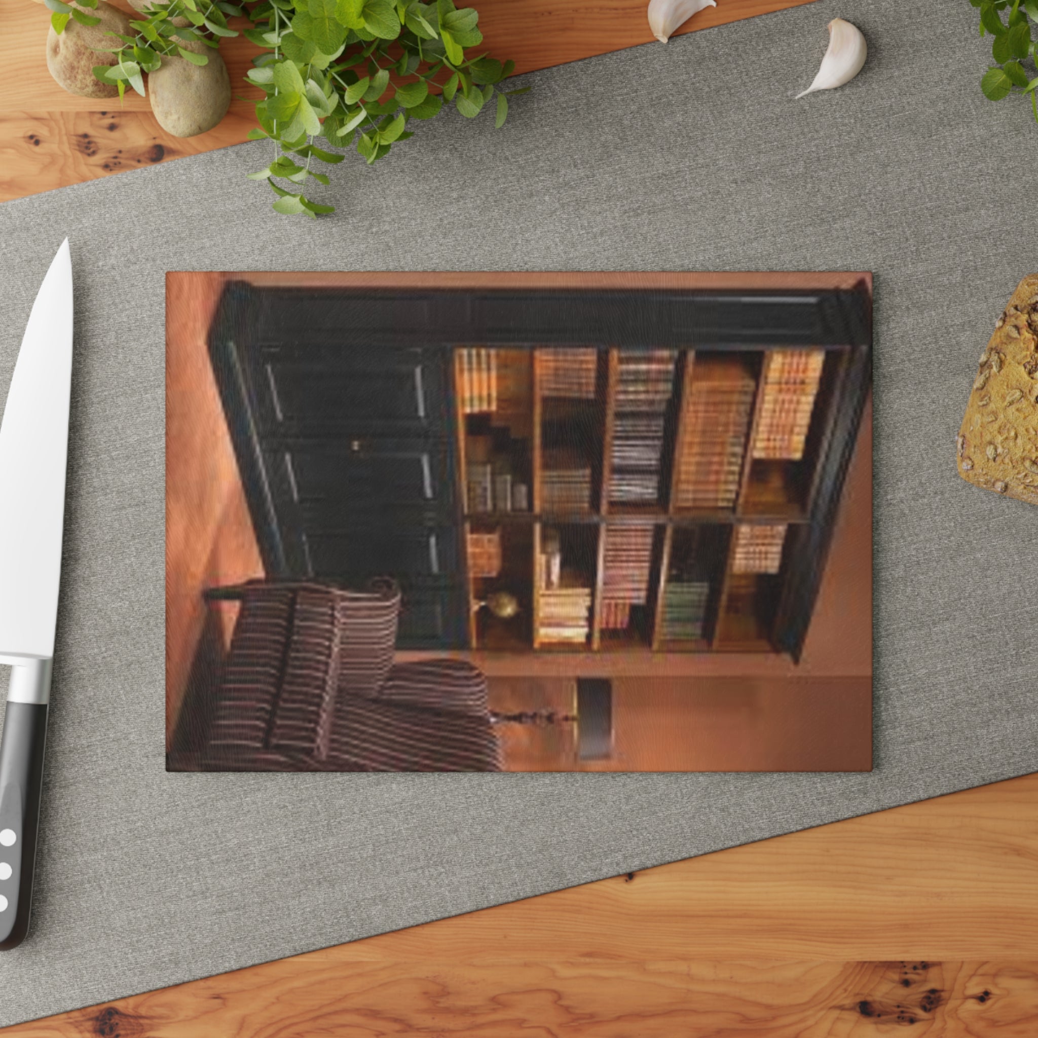 Cozy Library Bookshelf Glass Cutting Board | Kitchen Charcuterie Cheese Board