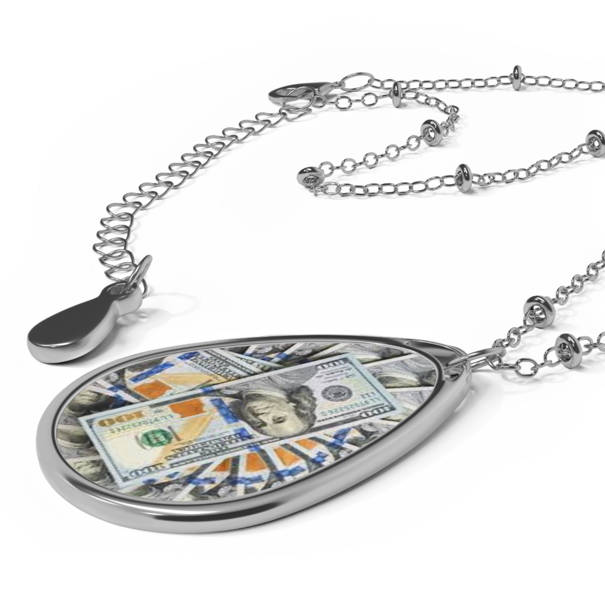 Money Print Oval Pendant Necklace — Teardrop Floral Cash Locket Jewelry