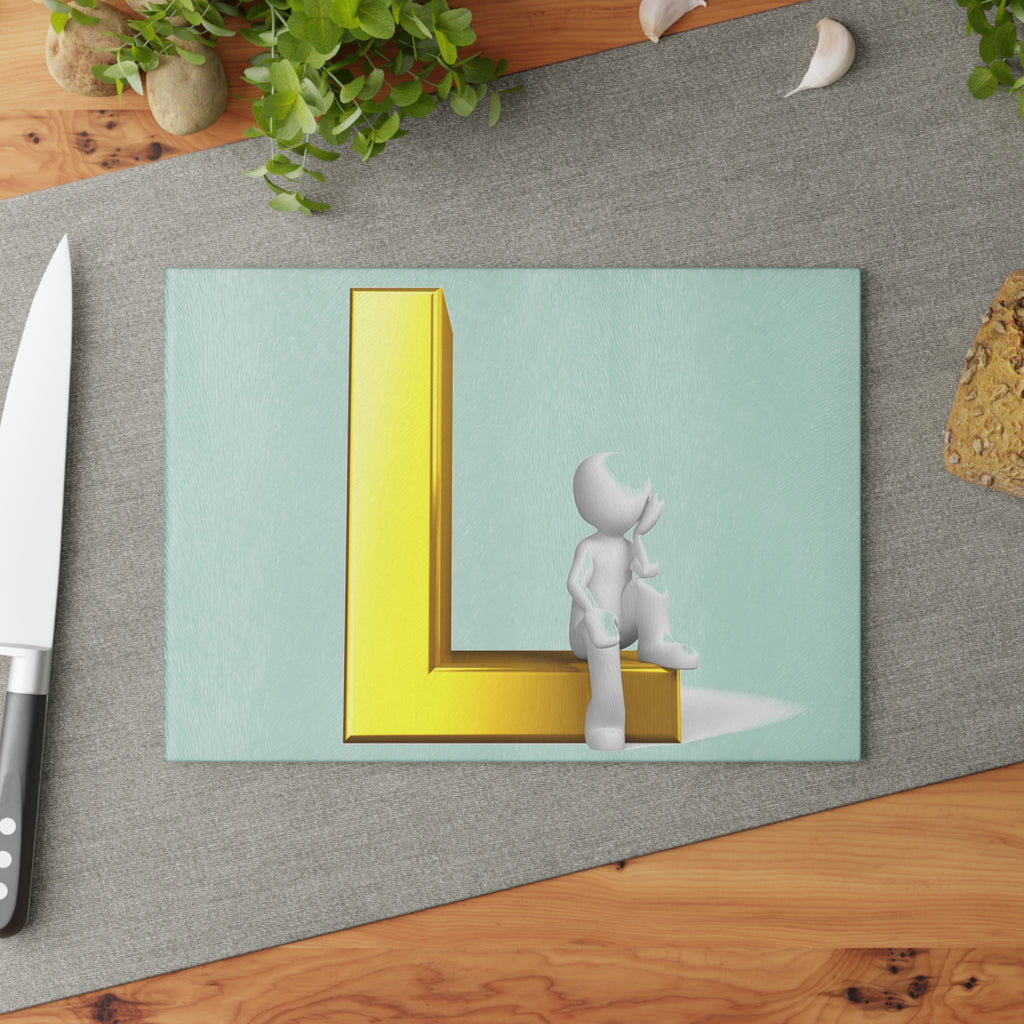 Gold Letter L with Sitting Figure Glass Cutting Board | Monogram Initial Kitchen Decor