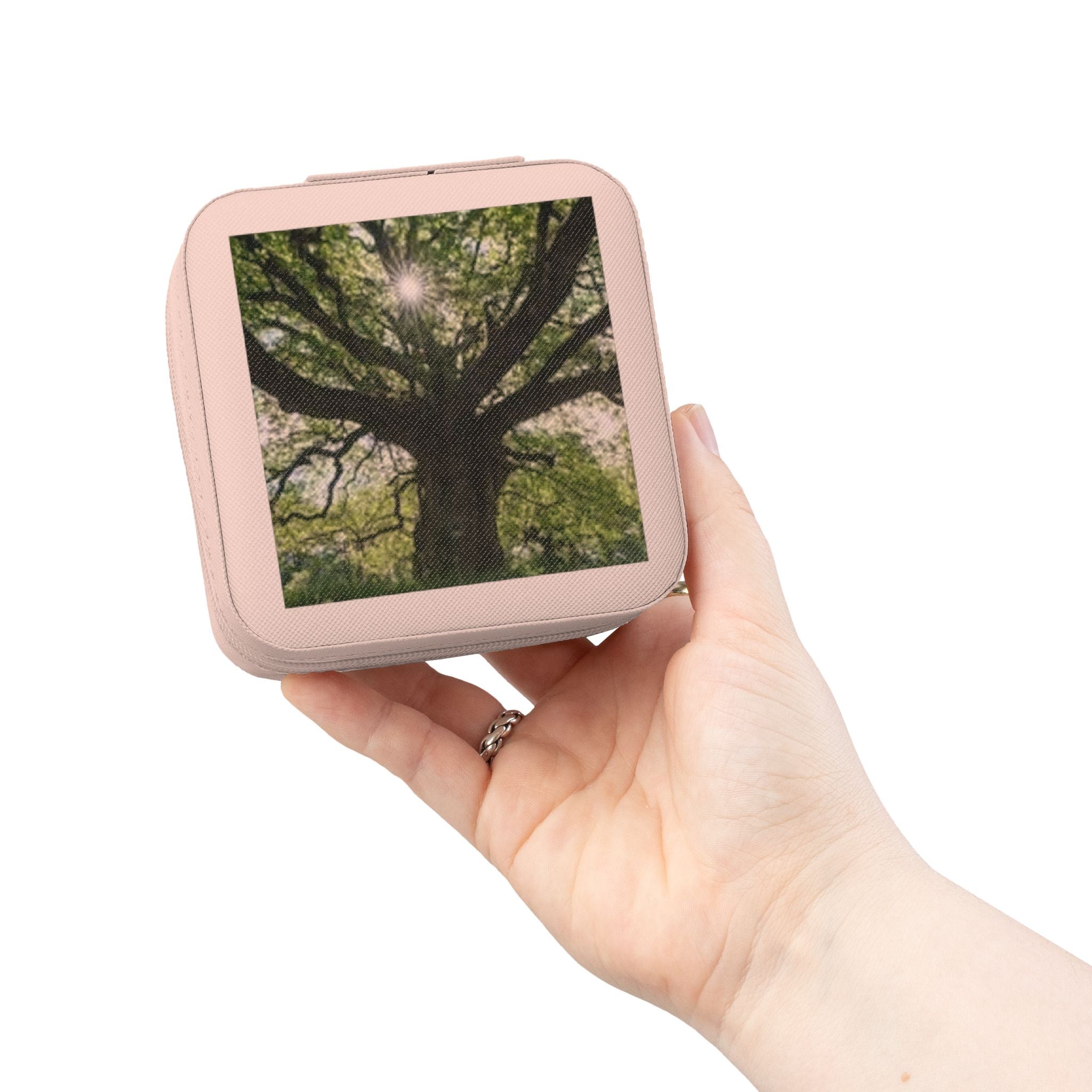 Sunlit Tree Photo Jewelry Travel Case | Compact Organizer for Rings, Earrings, Necklaces