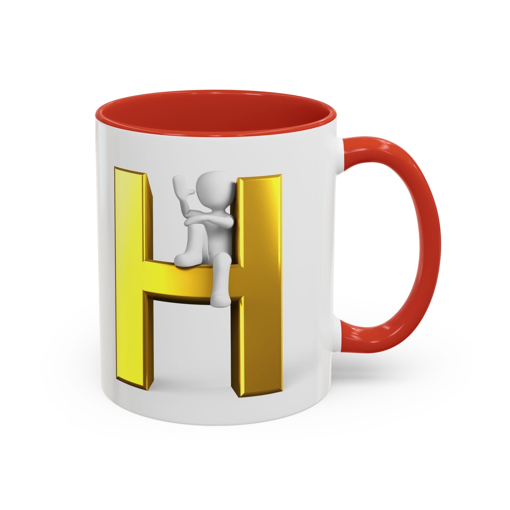 Mug en céramique avec bonhomme allumette 3D accroché à la lettre H dorée | Mug à anse de couleur