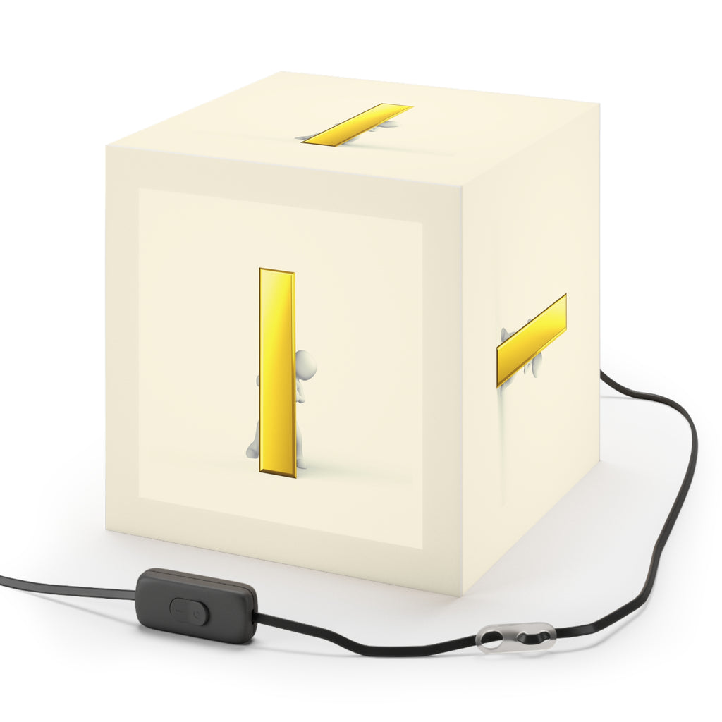 Tiny Figure Peeking Through Gold Letter i Light Cube Lamp | Modern Minimalist Night Light