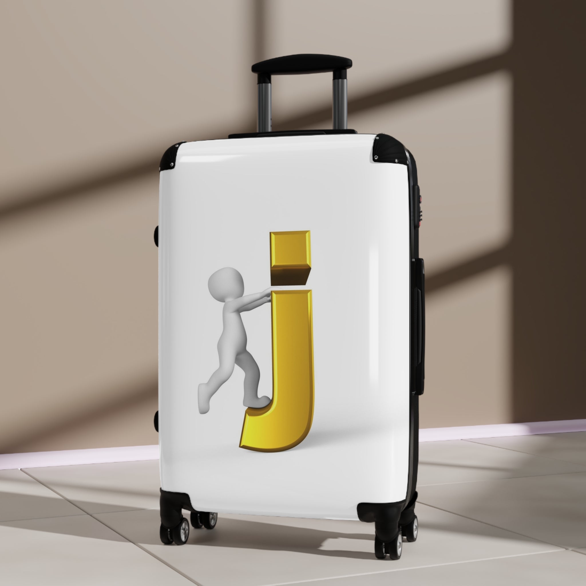3D Person Riding Gold Letter J Suitcase | Personalized Initial Luggage