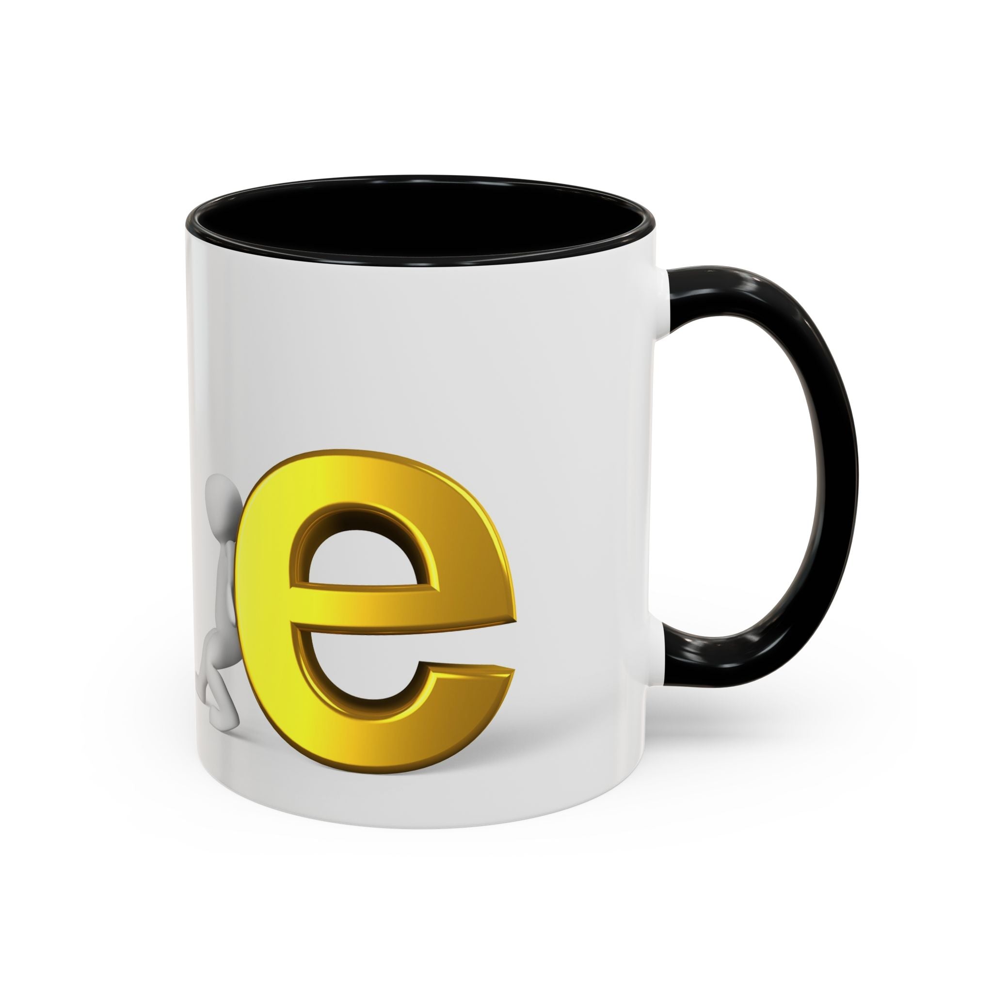 3D Stick Figure Pushing Gold Letter e Accent Coffee Mug | Black Handle, Interior