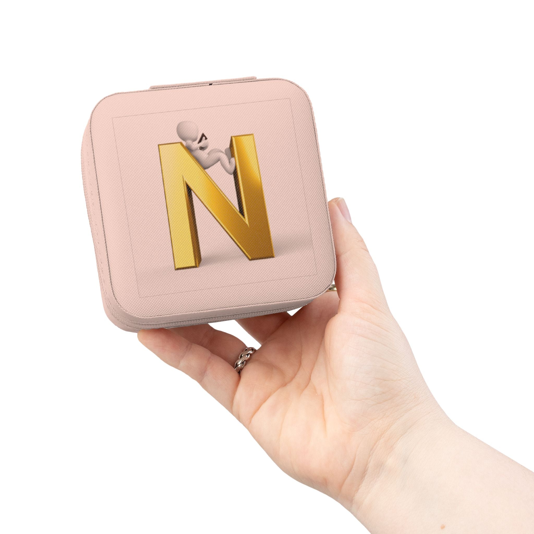 Trousse de Voyage Carrée Compacte pour Bijoux à Monogramme N Doré