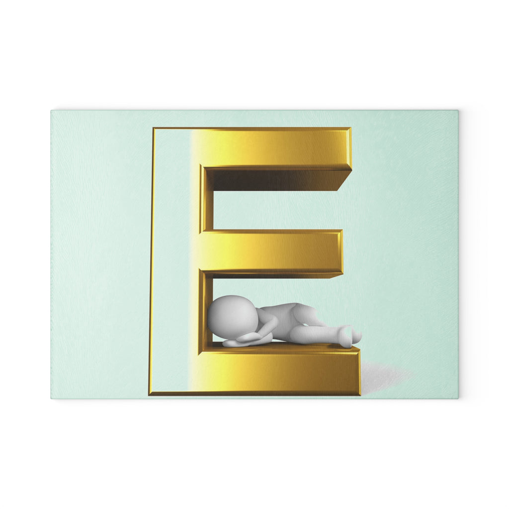 Gold 3D Letter E with Sleeping Figure Glass Cutting Board | Monogram Initial