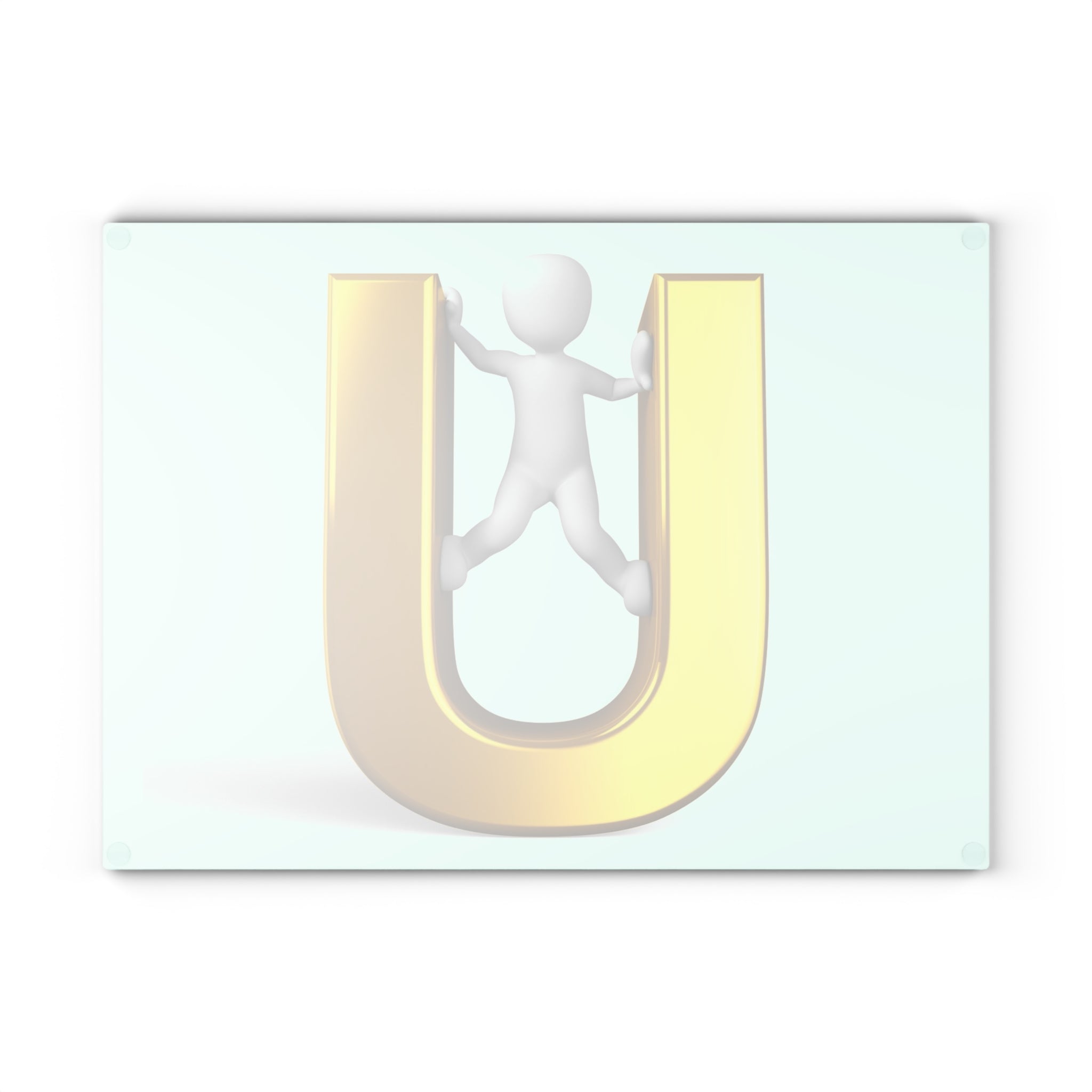 3D Figure Climbing Gold Letter U Glass Cutting Board | Monogram Initial Kitchen Decor