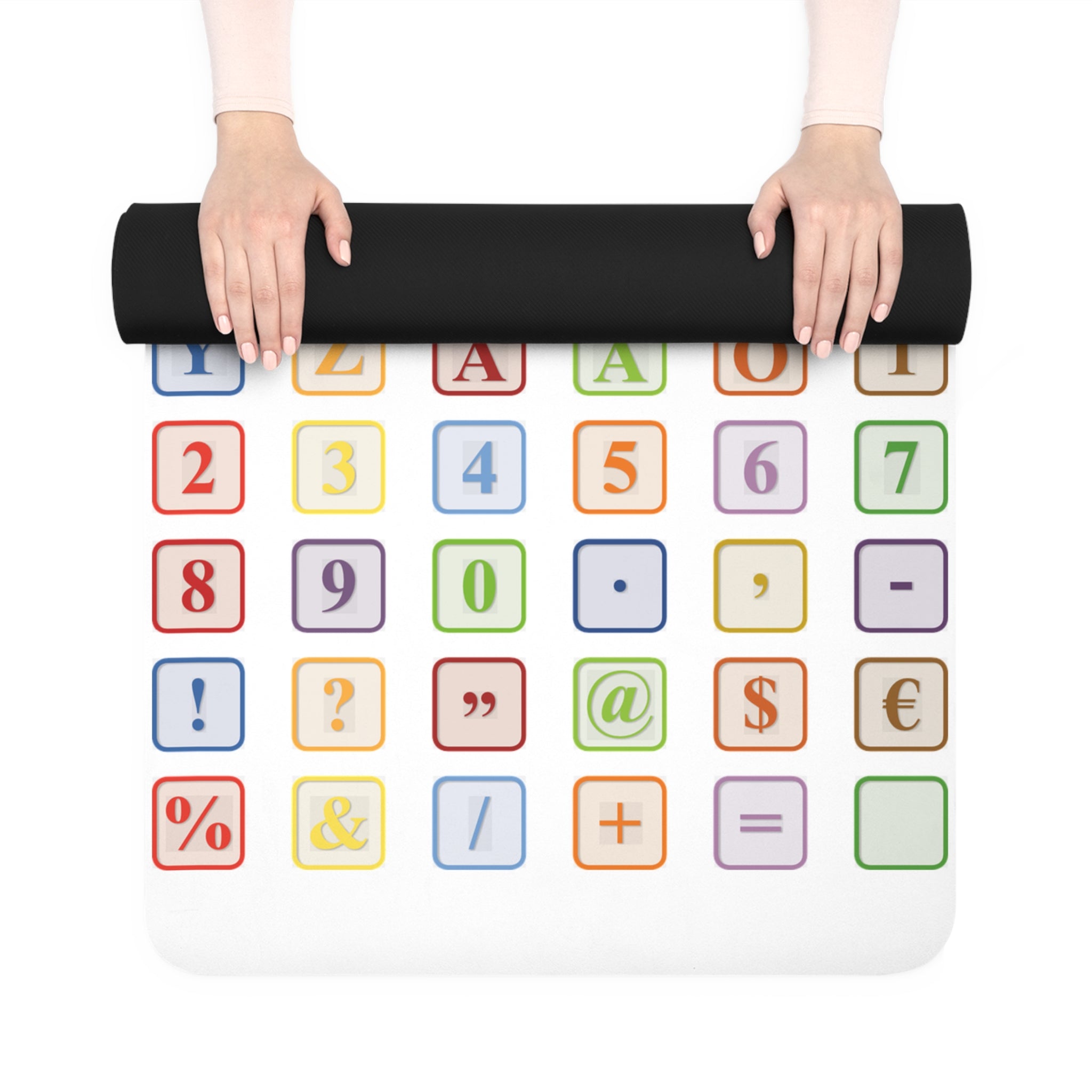 Alphabet and Symbols Pattern Rubber Yoga Mat | Color Block Letters & Numbers