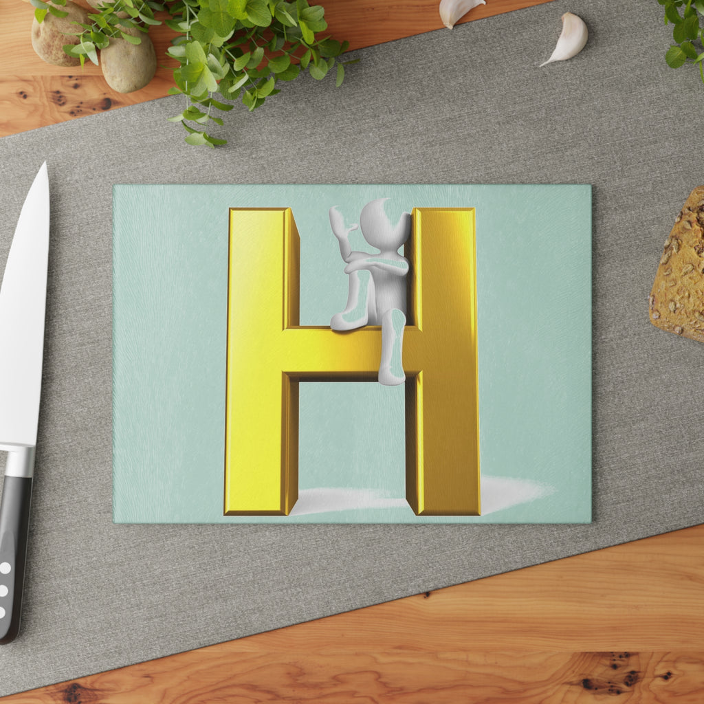 Gold Letter H with Figure Glass Cutting Board | Monogram Initial Kitchen Decor