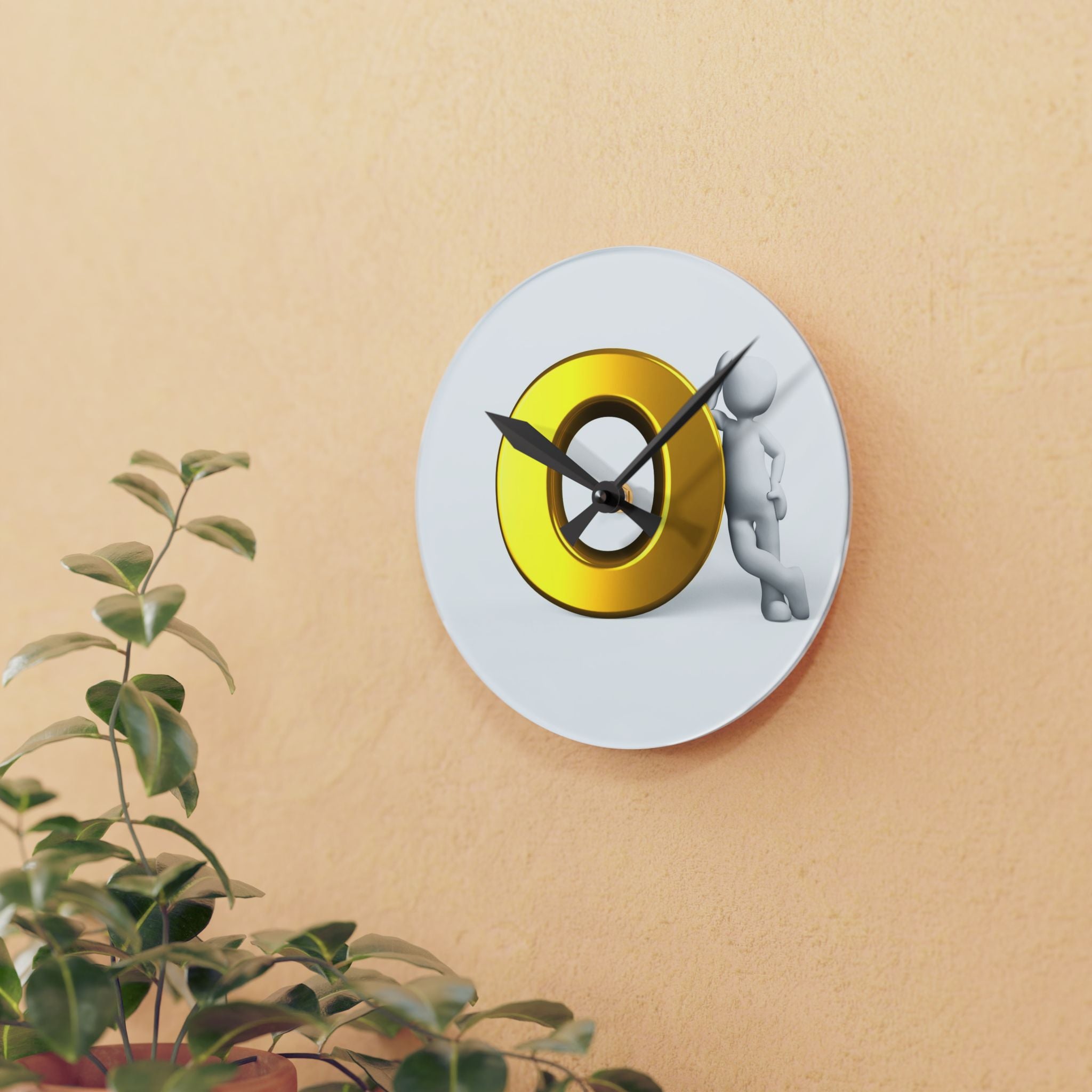 Golden Letter O Character Acrylic Wall Clock | 3D Icon Timepiece