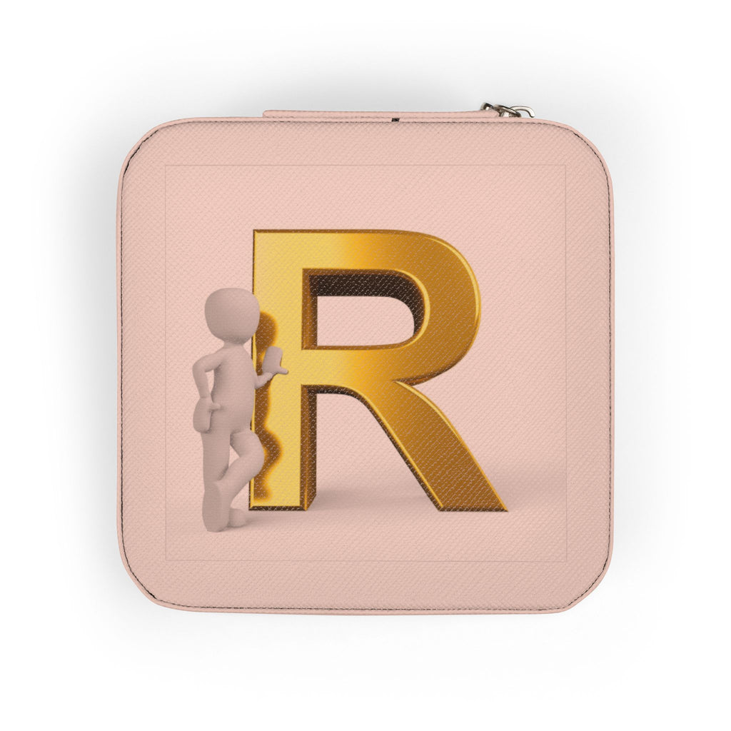 Gold Monogram R Initial Jewelry Travel Case | Compact Pink Travel Organizer