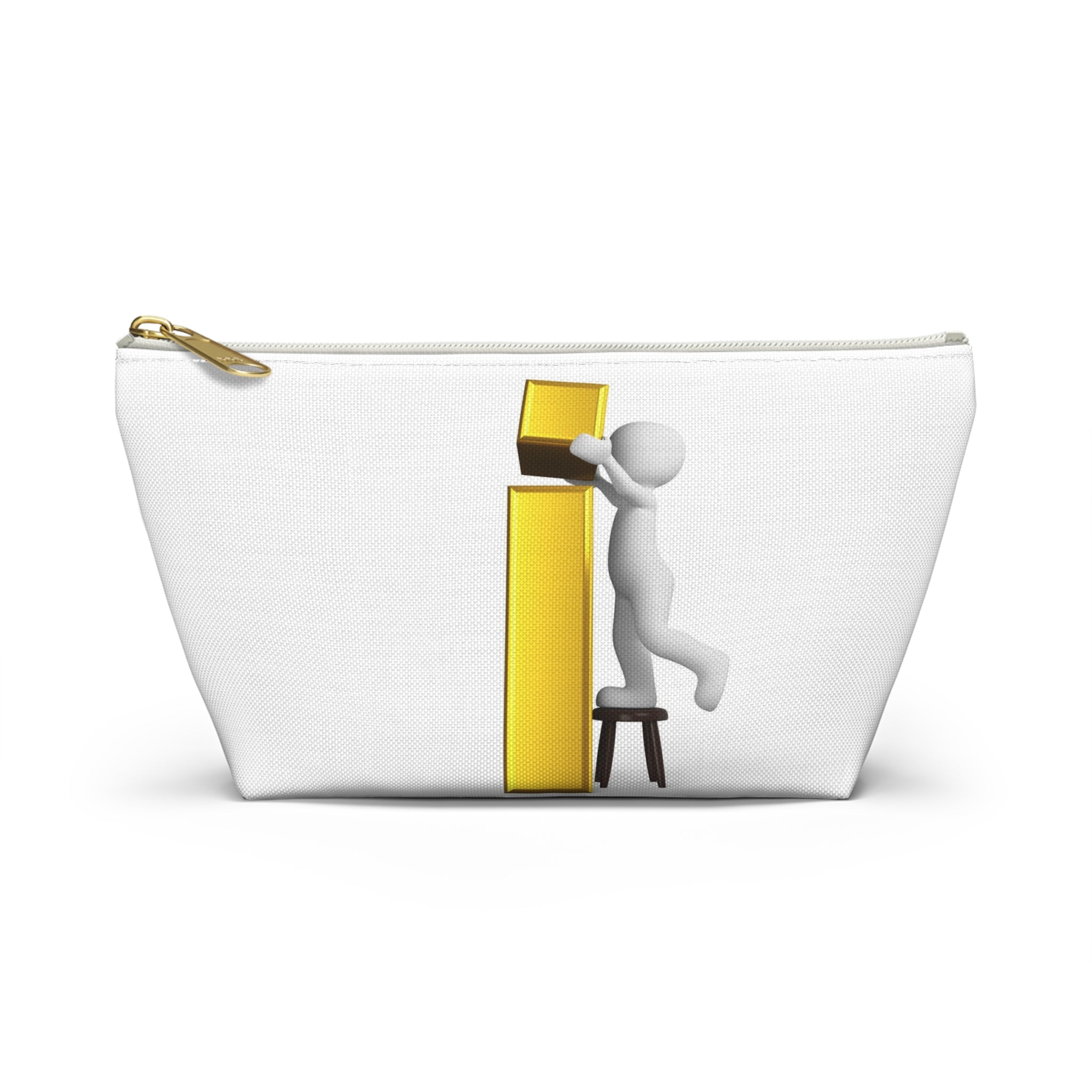 Trousse à accessoires en toile avec figurine bâton en 3D et lettre « i » dorée | Trousse à fond plat et à fermeture éclair