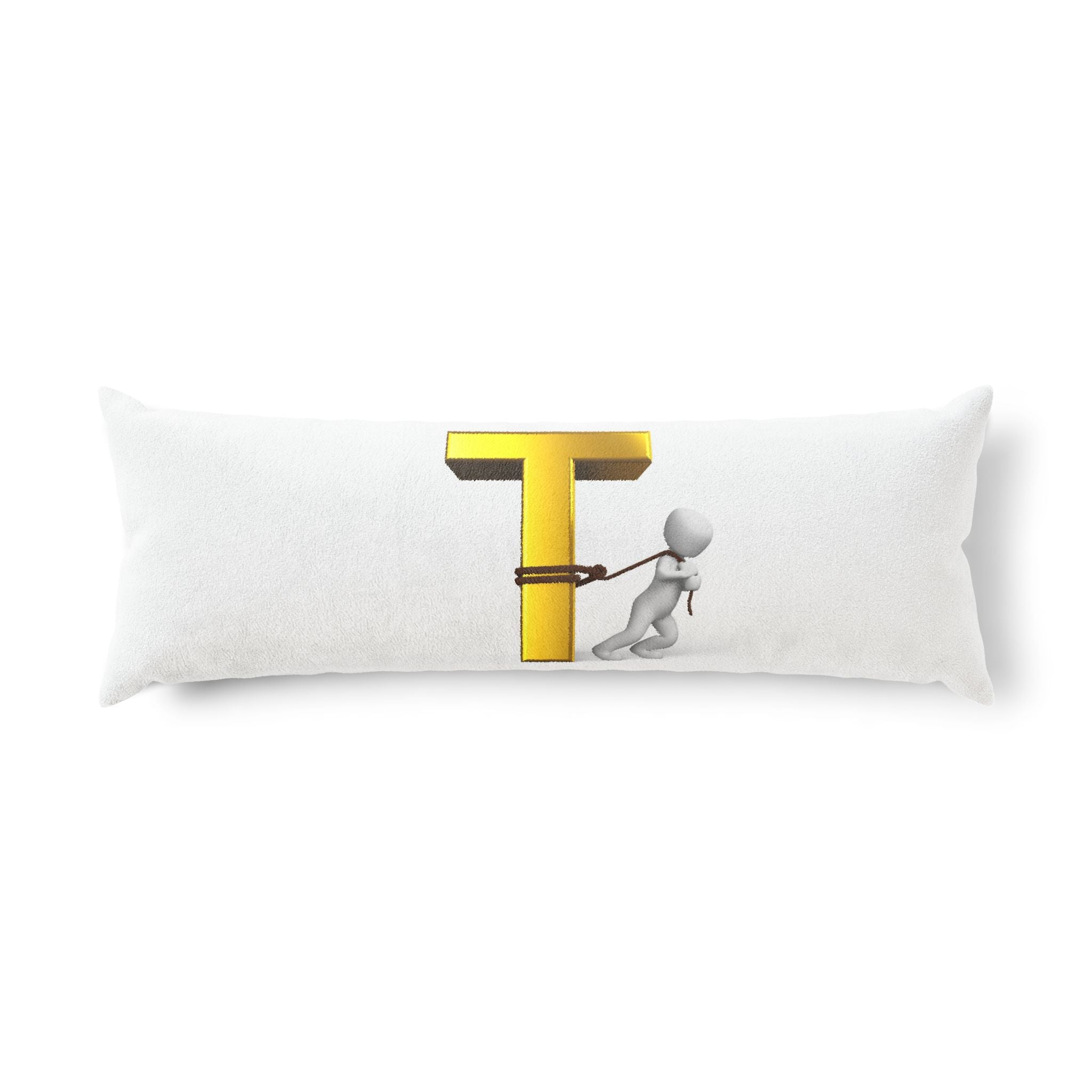 3D Stick Figure Tugging Gold Letter T Body Pillow | Alphabet Initial Décor